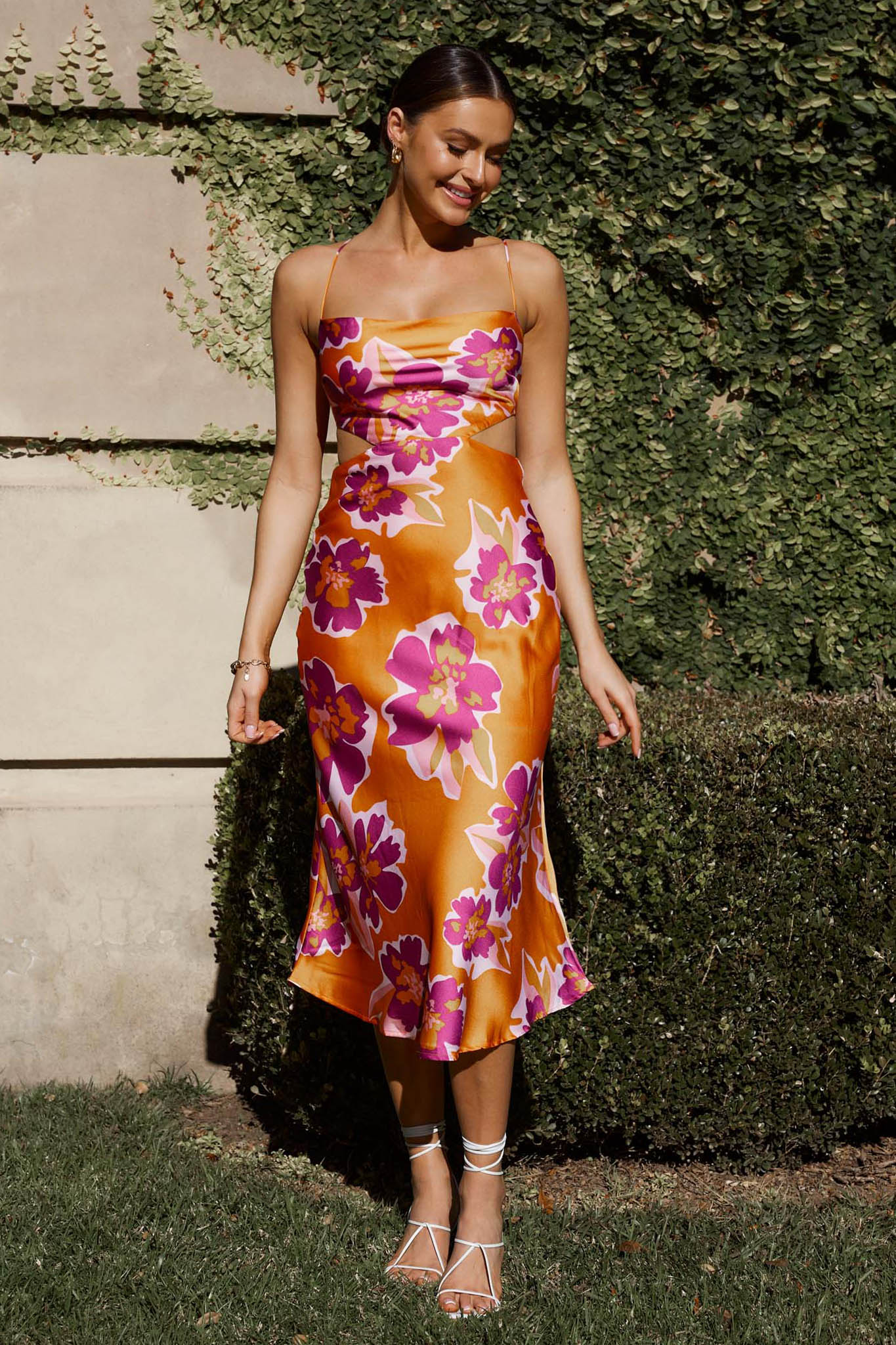 Sunday Bliss Tie-Up Back Cowl Neck Midi Dress Flower Orange - Image 7