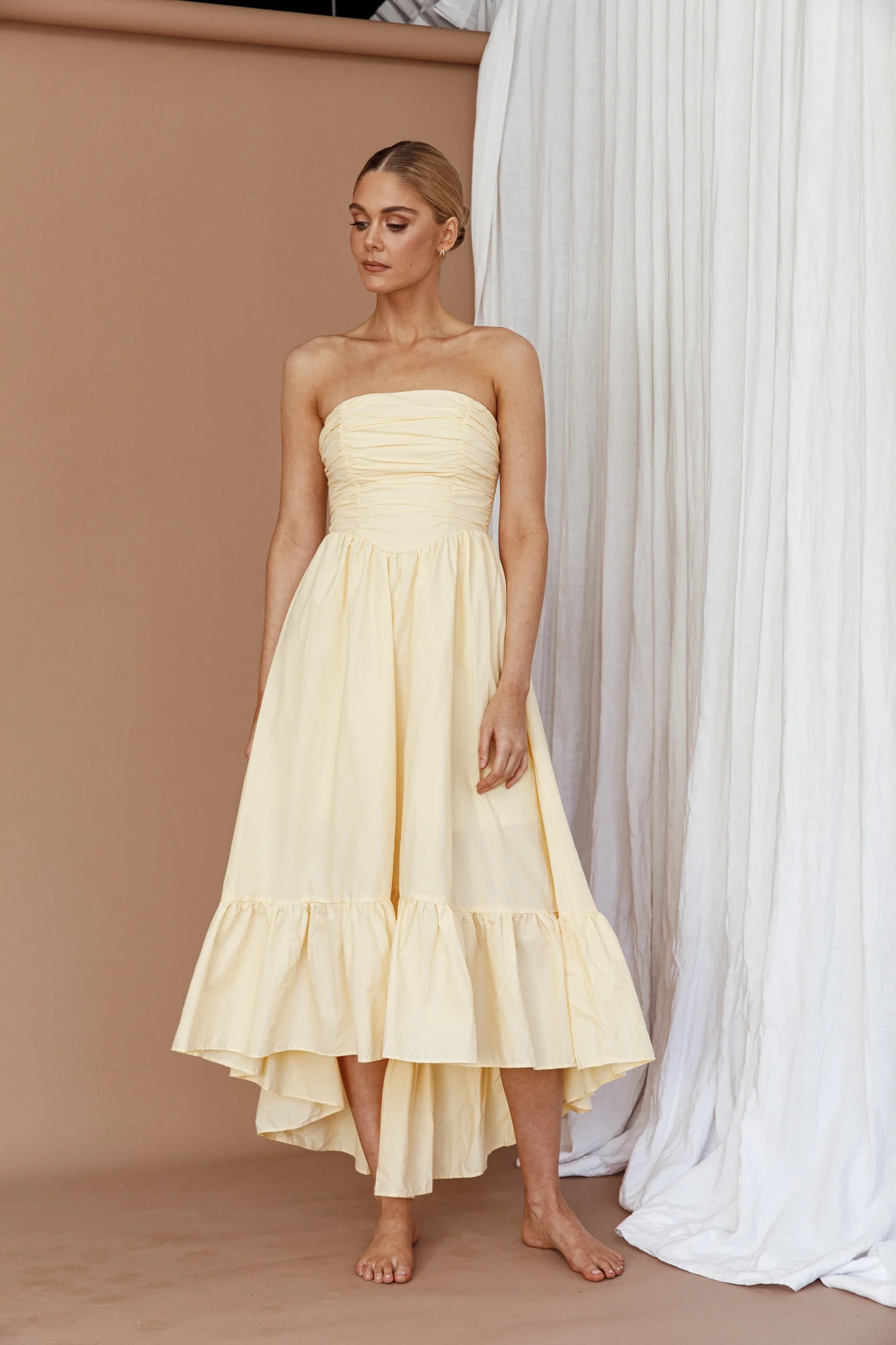 Sunday Mornings Ruched Bust Midi Dress Lemon - Image 7