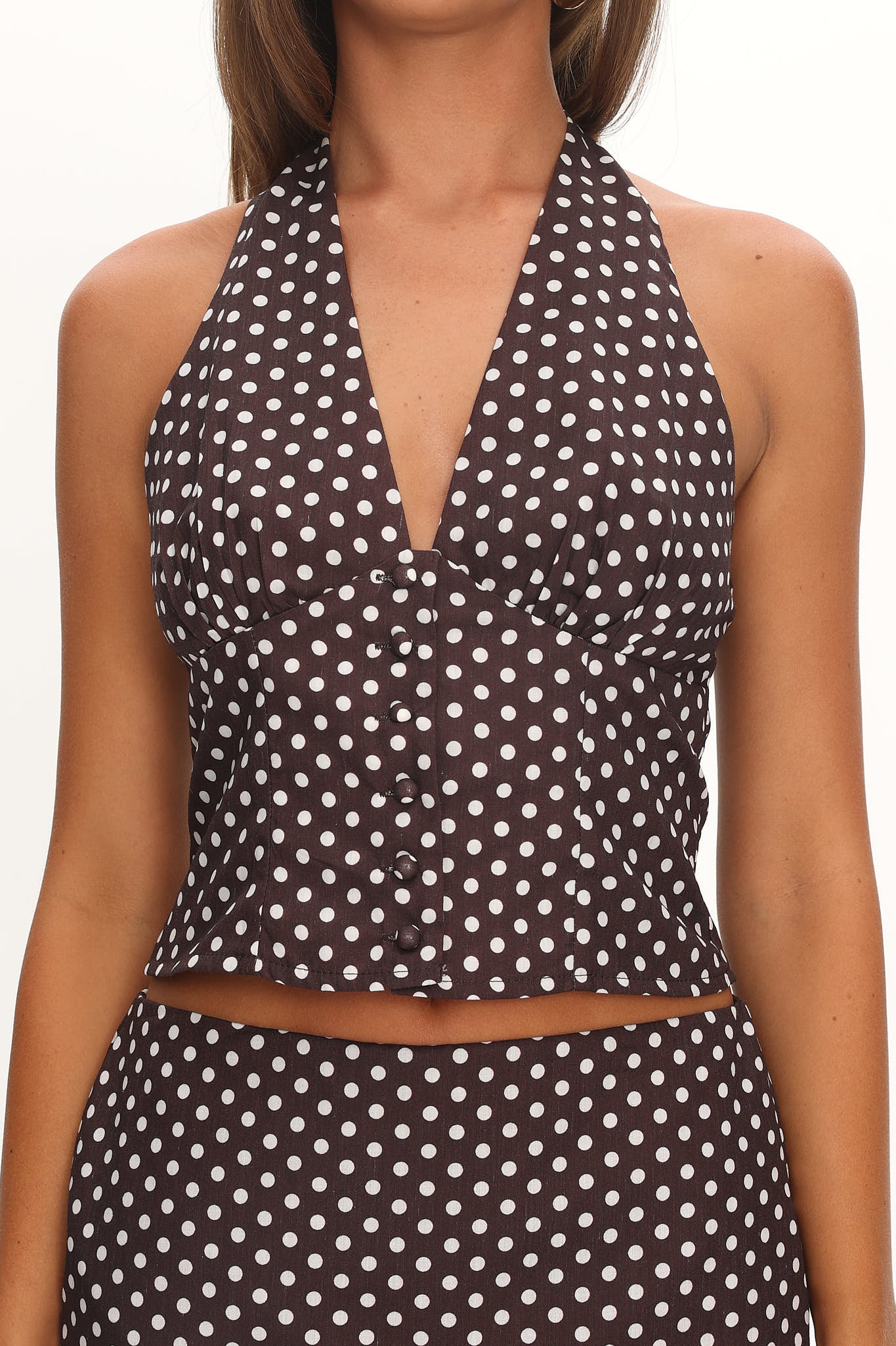 Sundrenched Button Halter Top Polka Dot Chocolate - Image 4