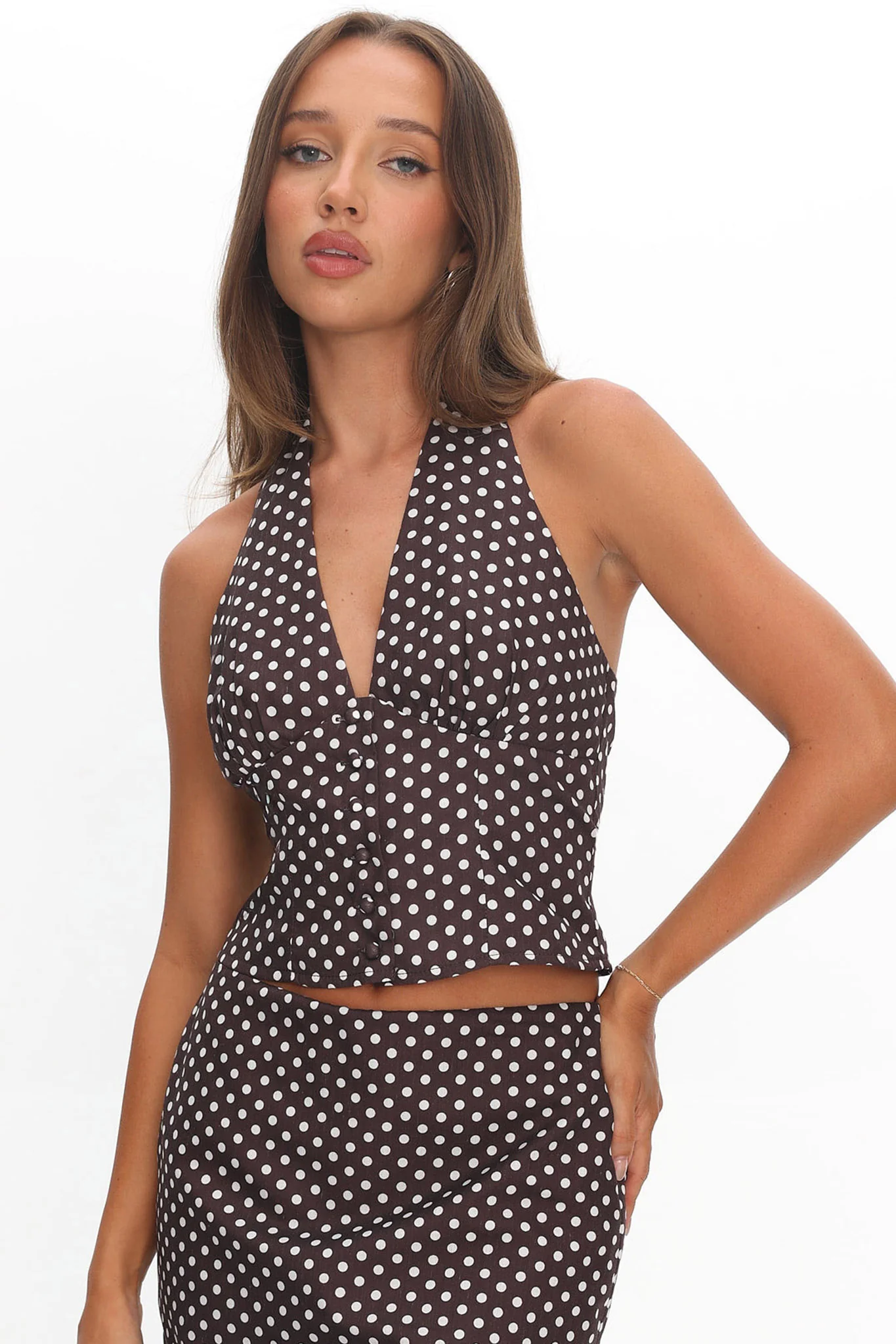 Sundrenched Button Halter Top Polka Dot Chocolate - Image 6