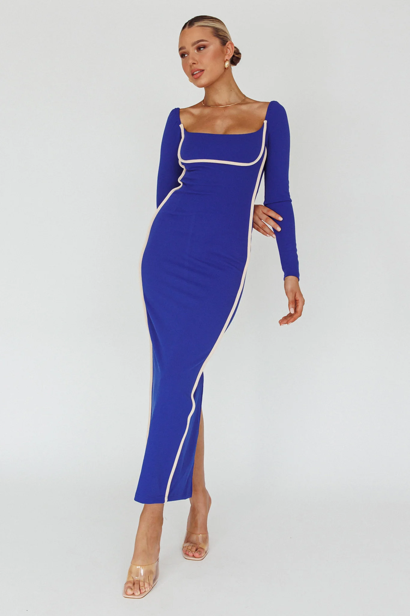 Sunny Coast Long Sleeve Piping Maxi Dress Blue - Image 6