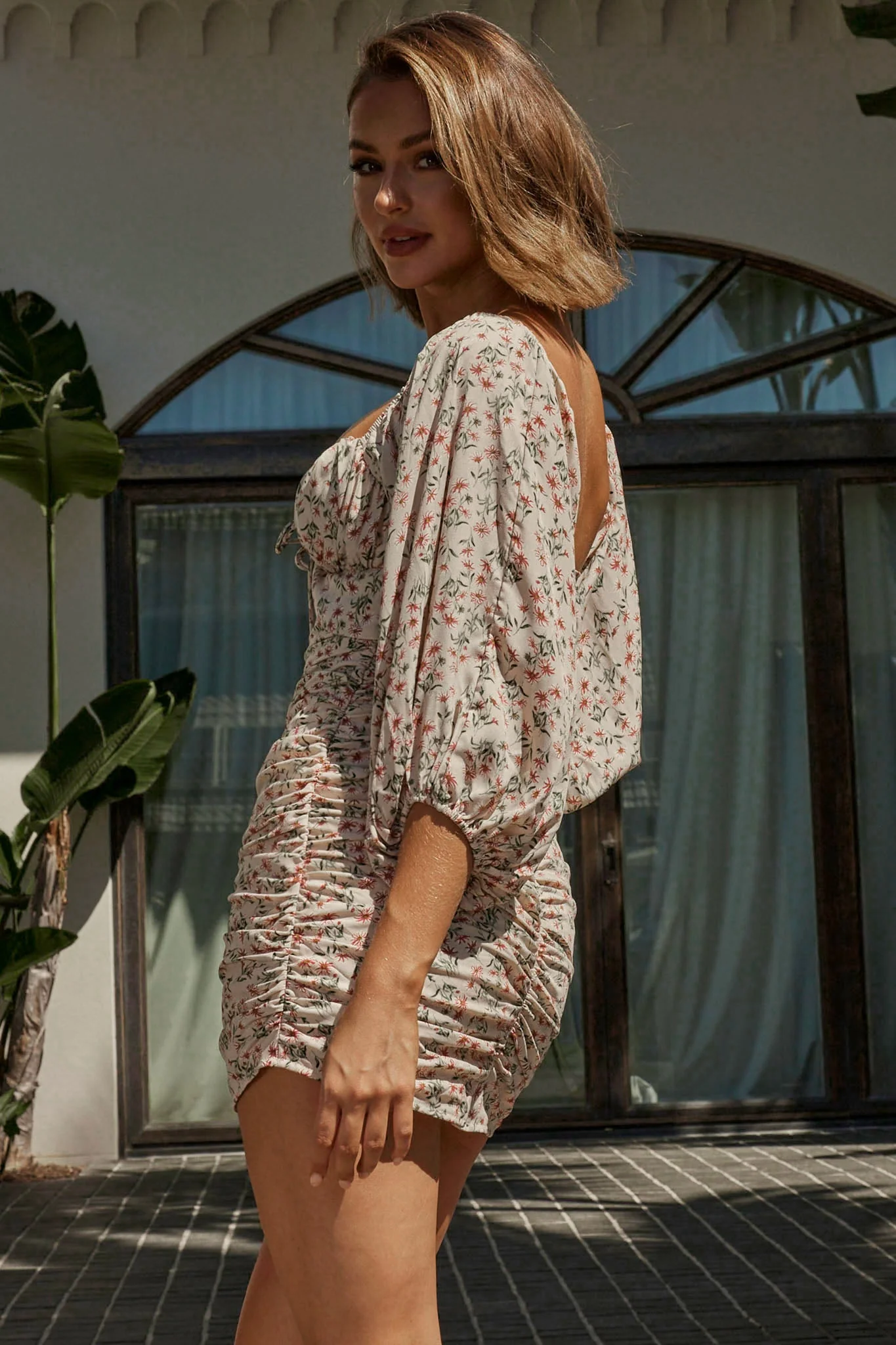 Sunny Day Balloon Sleeve Ruched Mini Dress Floral Print Beige - Image 6