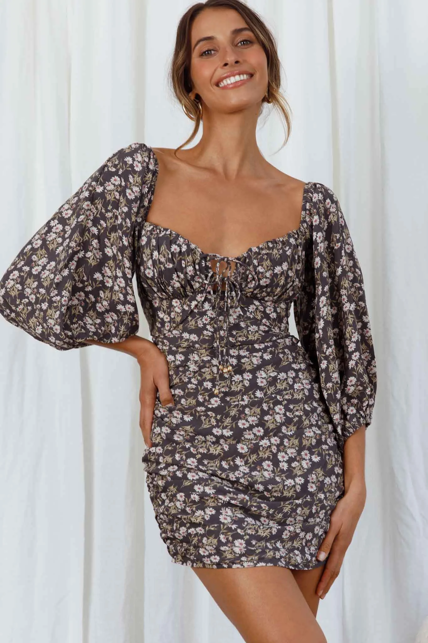 Sunny Day Balloon Sleeve Ruched Mini Dress Floral Print Grey - Image 6
