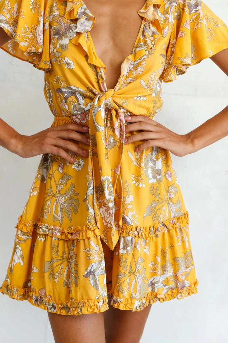 Sunny Daze Angel Sleeve Tie-Knot Bust Floral Print Dress Mustard - Image 4