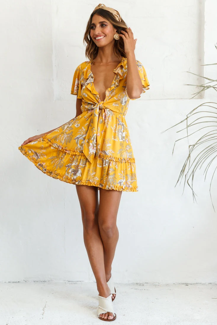 Sunny Daze Angel Sleeve Tie-Knot Bust Floral Print Dress Mustard - Image 5