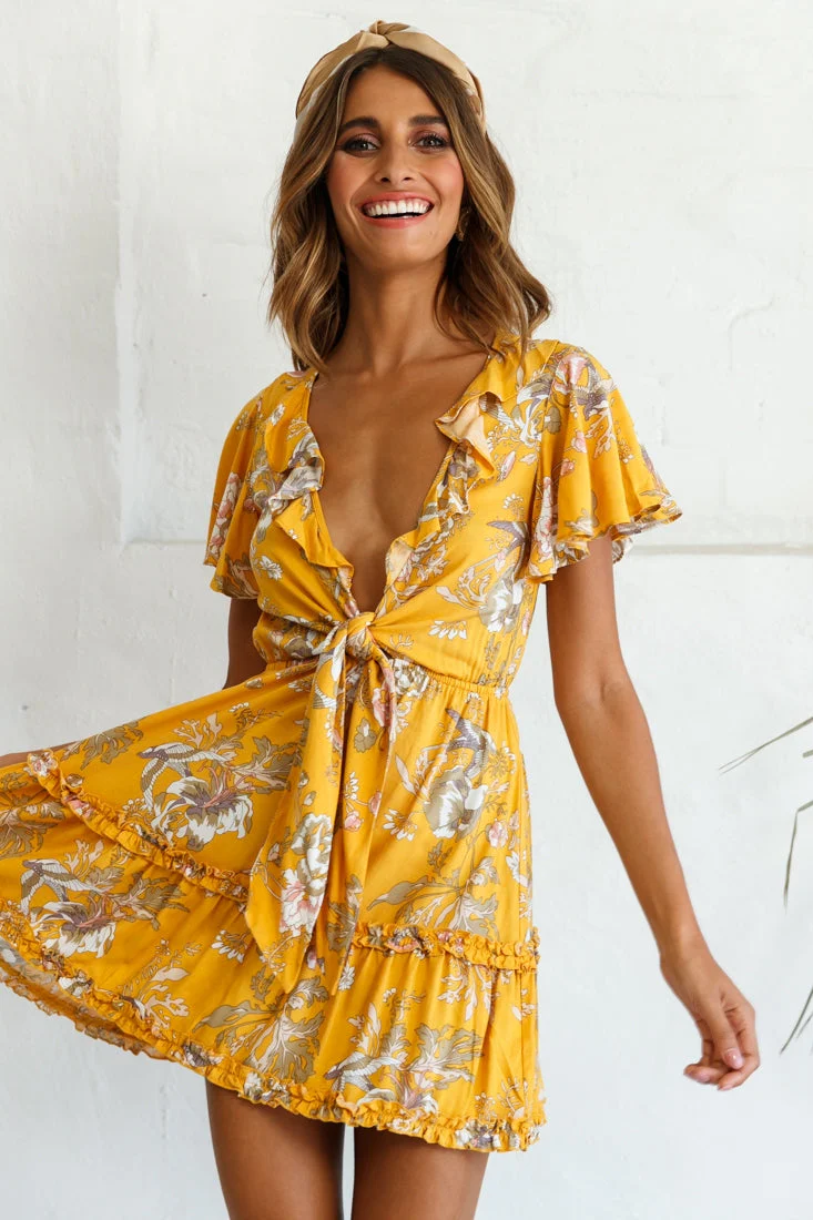 Sunny Daze Angel Sleeve Tie-Knot Bust Floral Print Dress Mustard - Image 6