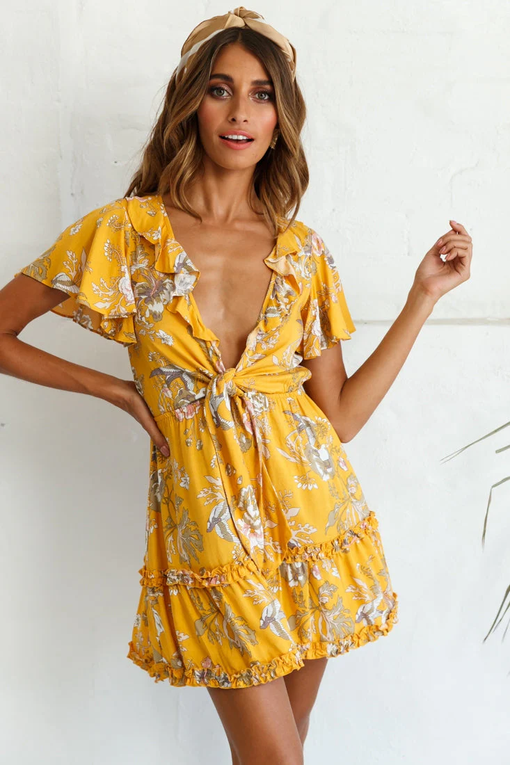 Sunny Daze Angel Sleeve Tie-Knot Bust Floral Print Dress Mustard - Image 7