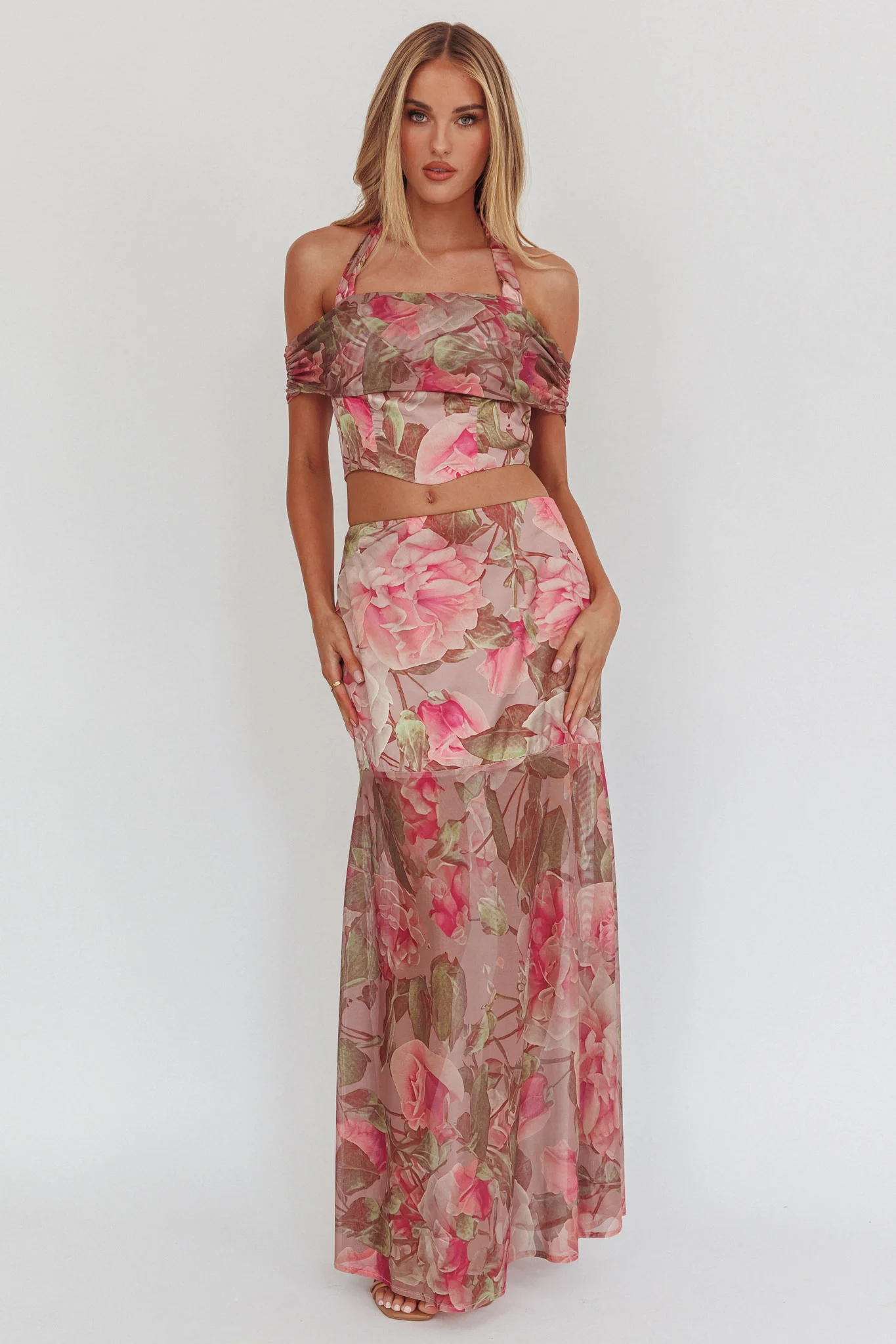 Sunset High Sheer Hem Maxi Skirt Floral Blush