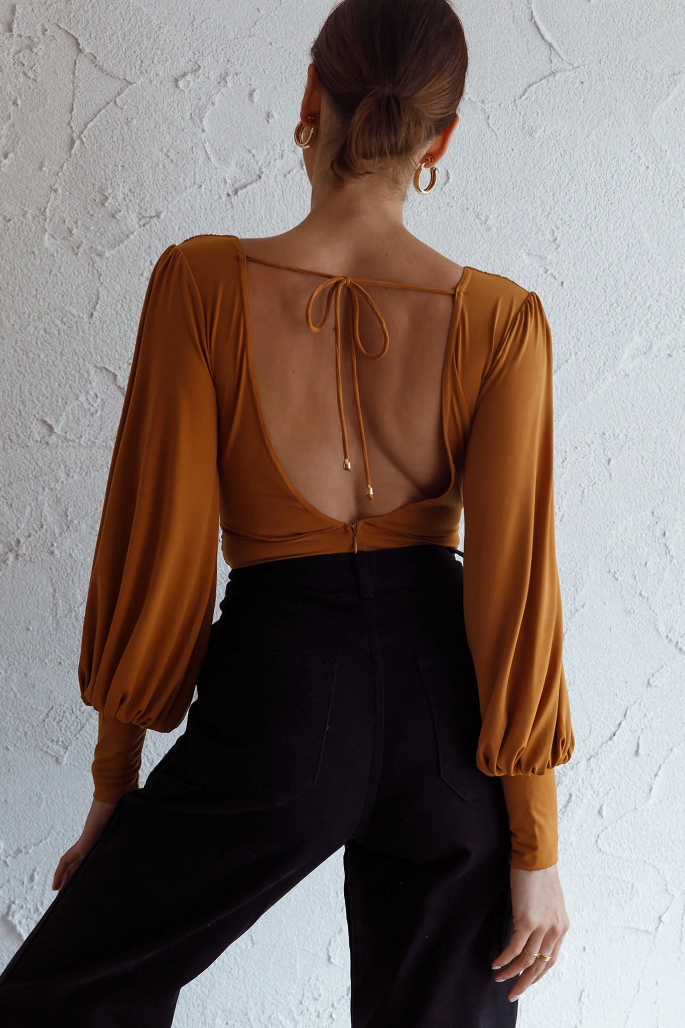 Sunsets In Tahiti Deep V-Neckline Lantern Sleeve Bodysuit Tan - Image 2