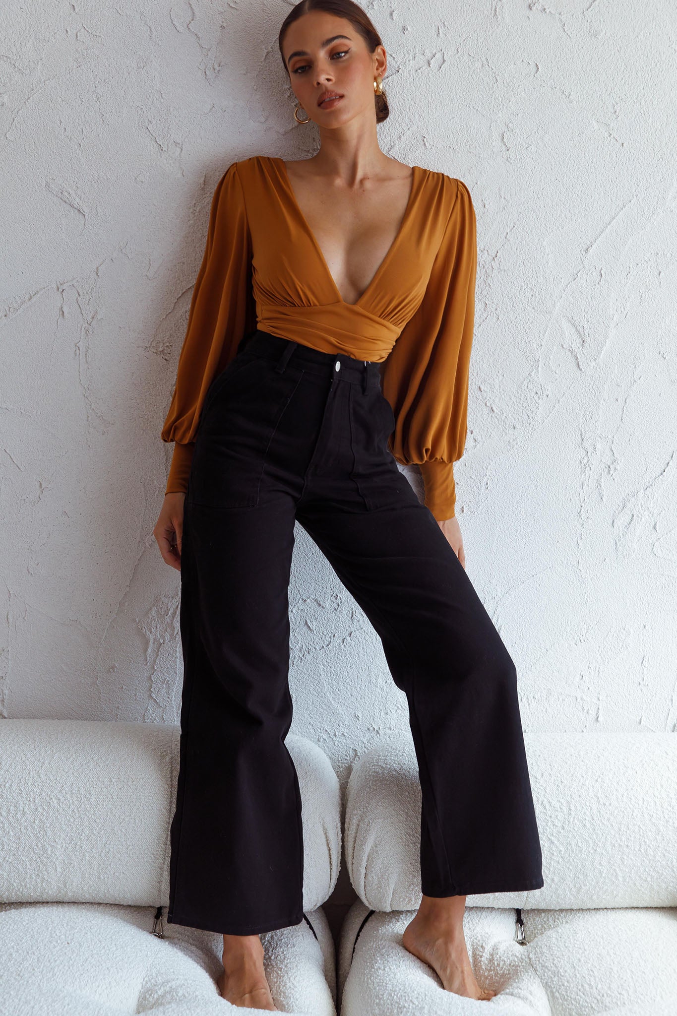 Sunsets In Tahiti Deep V-Neckline Lantern Sleeve Bodysuit Tan - Image 3