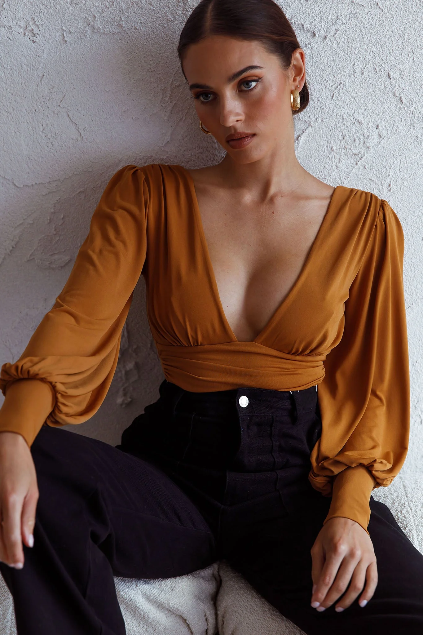 Sunsets In Tahiti Deep V-Neckline Lantern Sleeve Bodysuit Tan - Image 4