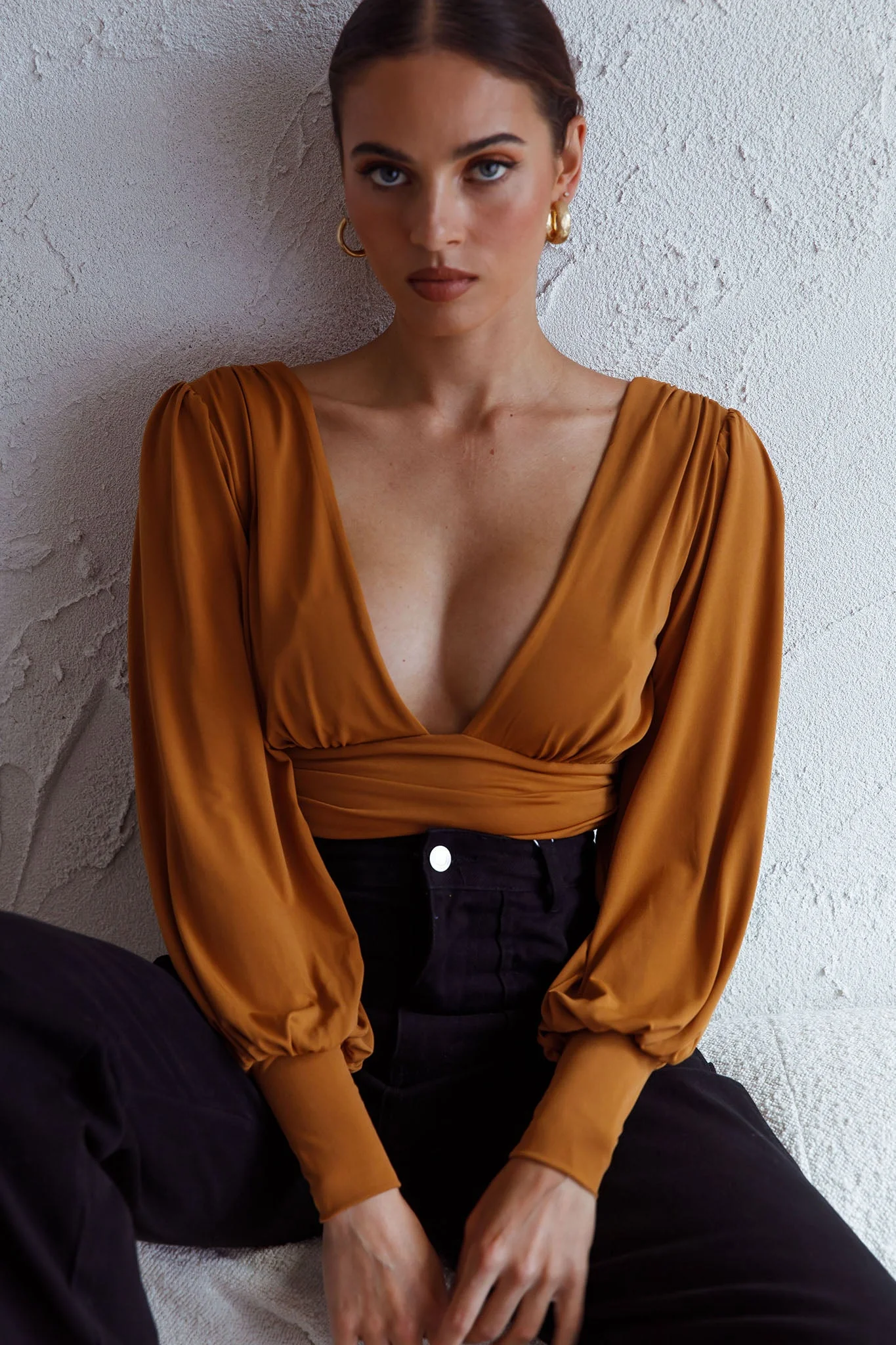 Sunsets In Tahiti Deep V-Neckline Lantern Sleeve Bodysuit Tan - Image 5