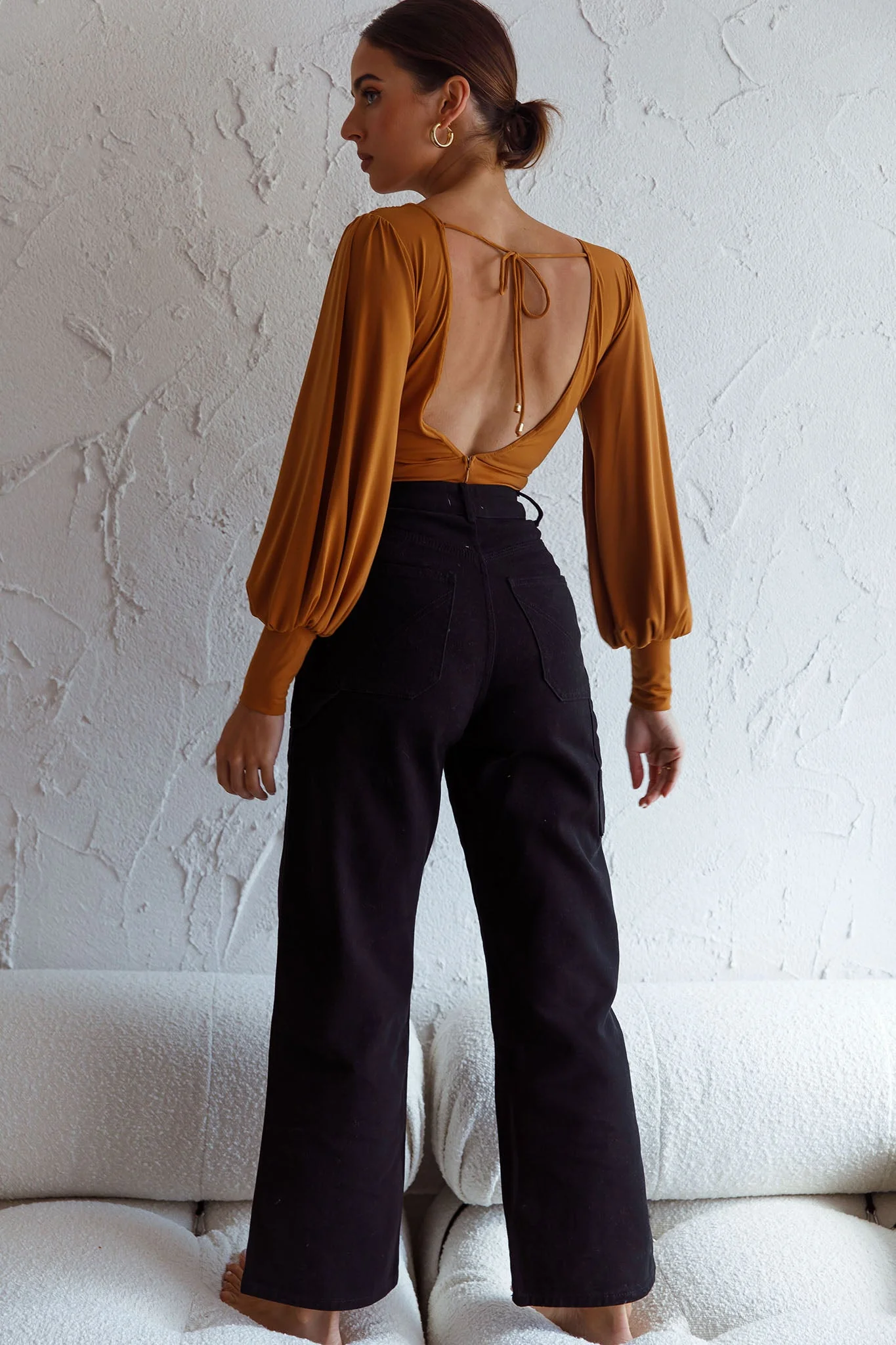Sunsets In Tahiti Deep V-Neckline Lantern Sleeve Bodysuit Tan - Image 6