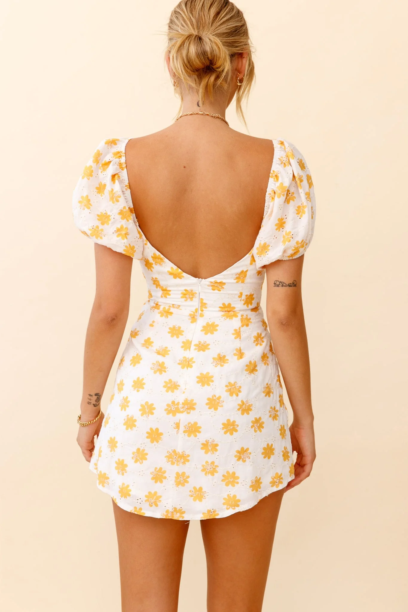 Sunshine Day Puff Sleeve Cutout Bust Dress Floral Print White/Yellow - Image 2