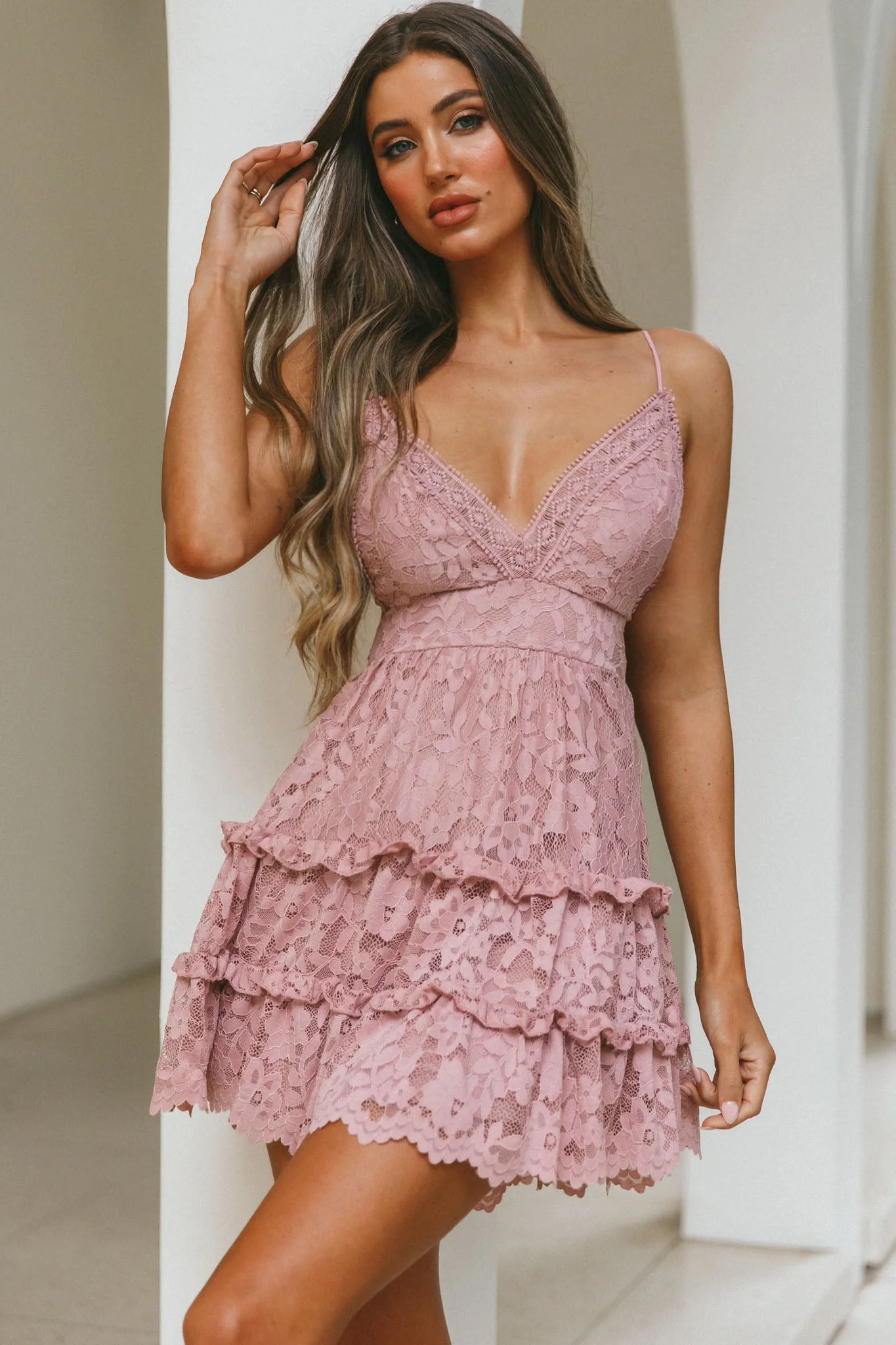 Sunshine Morning Crochet Lace Frill Trim Tied Back Lace Mini Dress Rose - Image 7