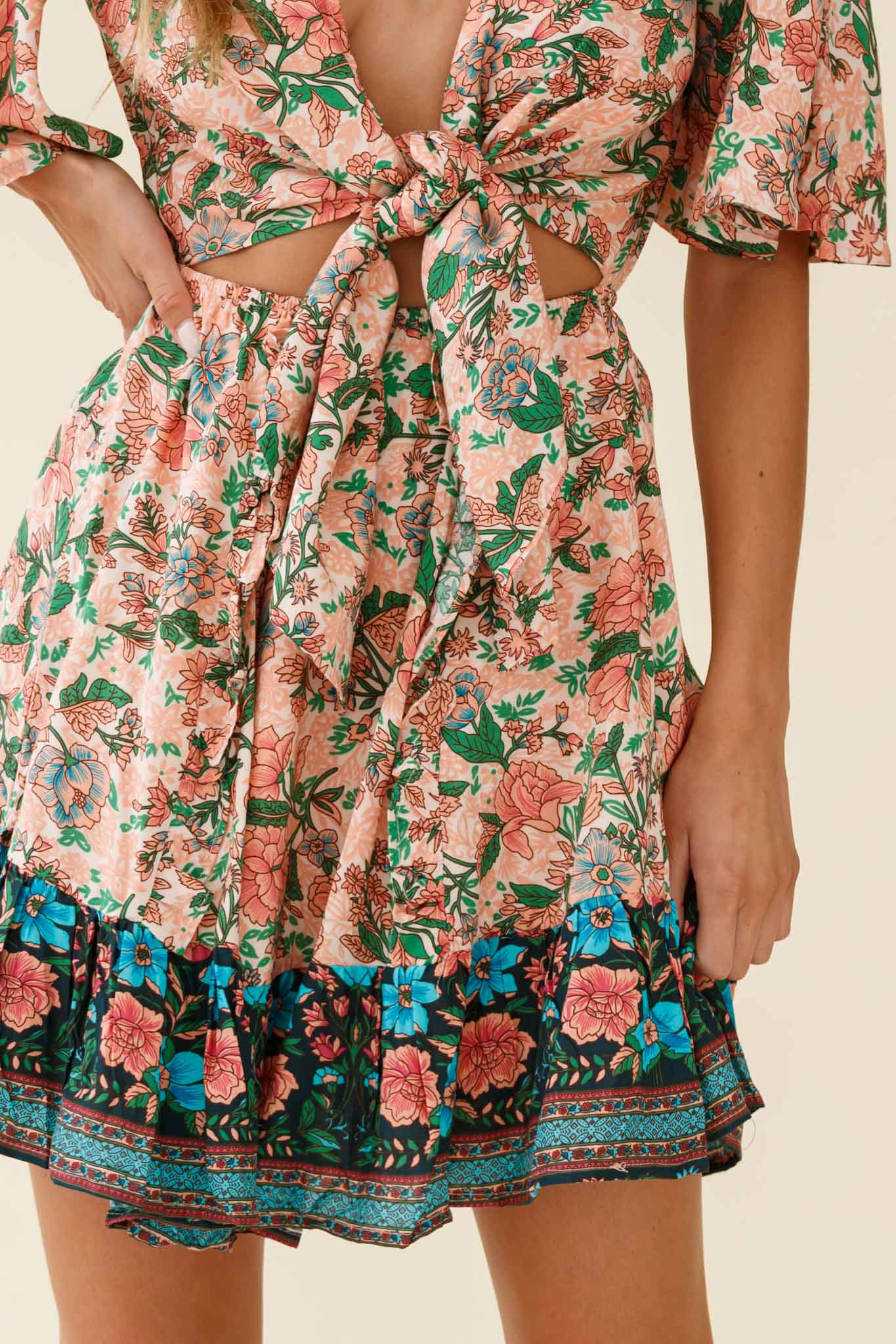 Suva Tie-Knot Bust A-Line Dress Botanic Print Nude - Image 6