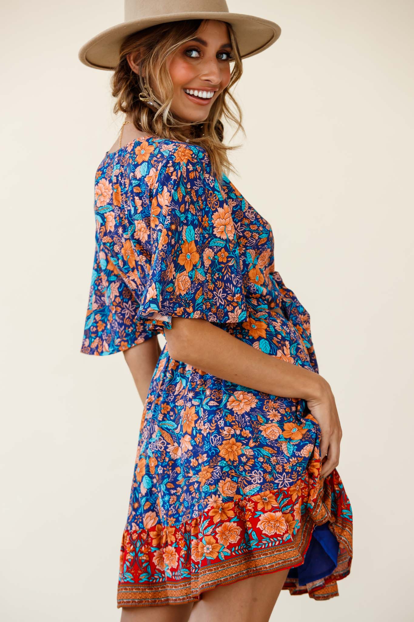 Suva Tie-Knot Bust A-Line Dress Floral Print Navy - Image 3