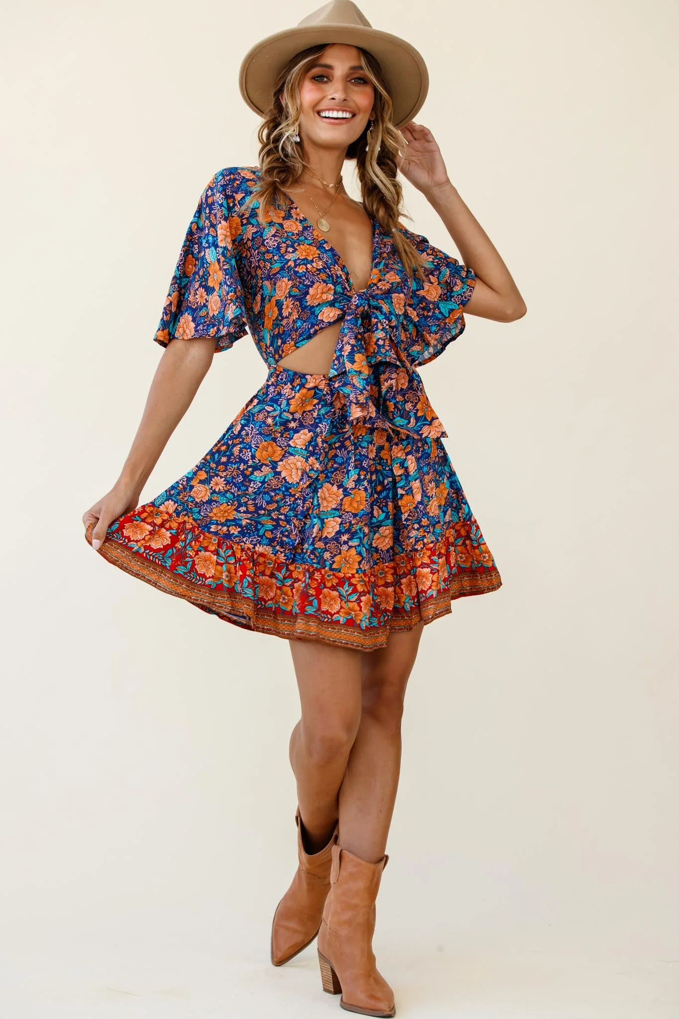 Suva Tie-Knot Bust A-Line Dress Floral Print Navy - Image 4