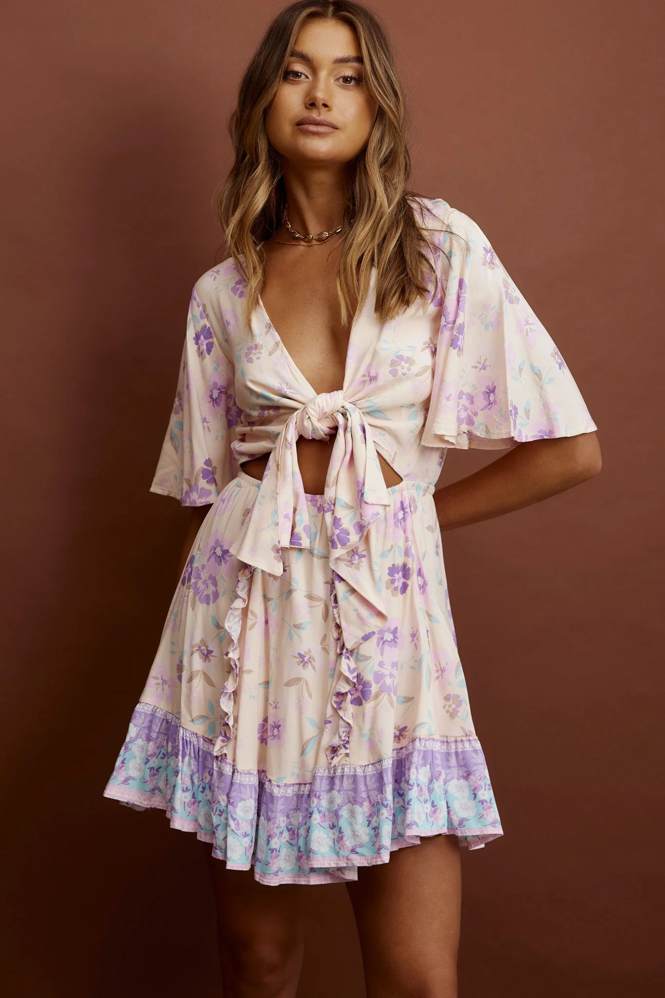 Suva Tie-Knot Bust A-Line Dress Floral Yellow - Image 4
