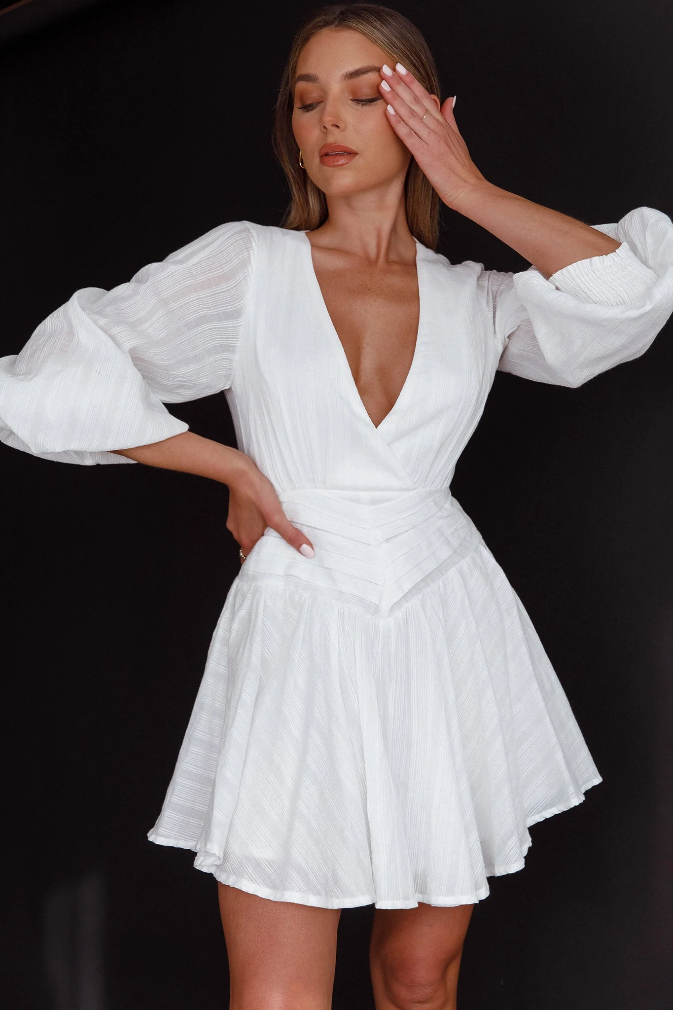 Sweet Escape Lantern Sleeve Pintuck Dress White - Image 3