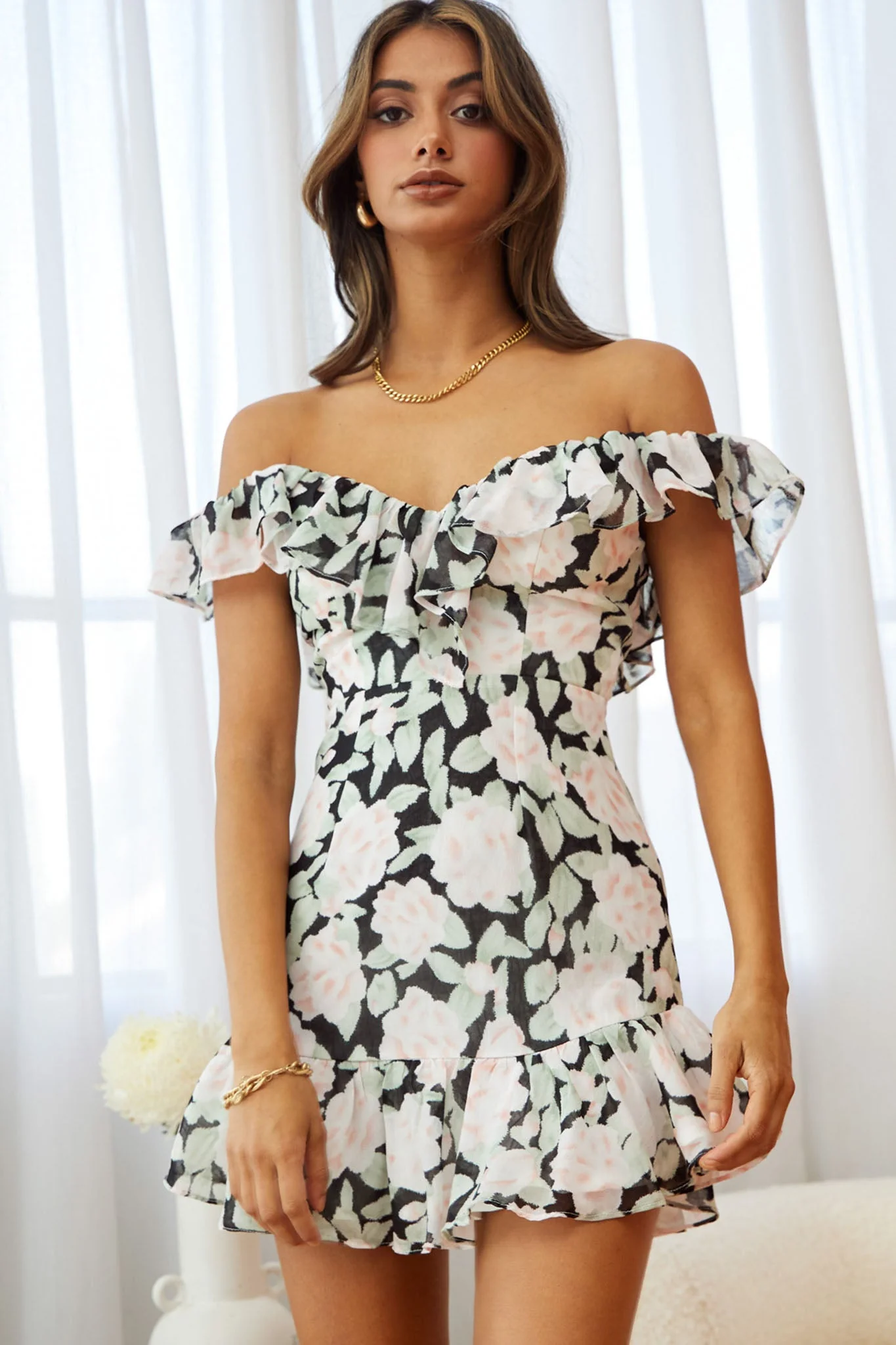Sweet Melody Sweetheart Neckline Off-Shoulder Dress Floral Print Black/Nude - Image 6