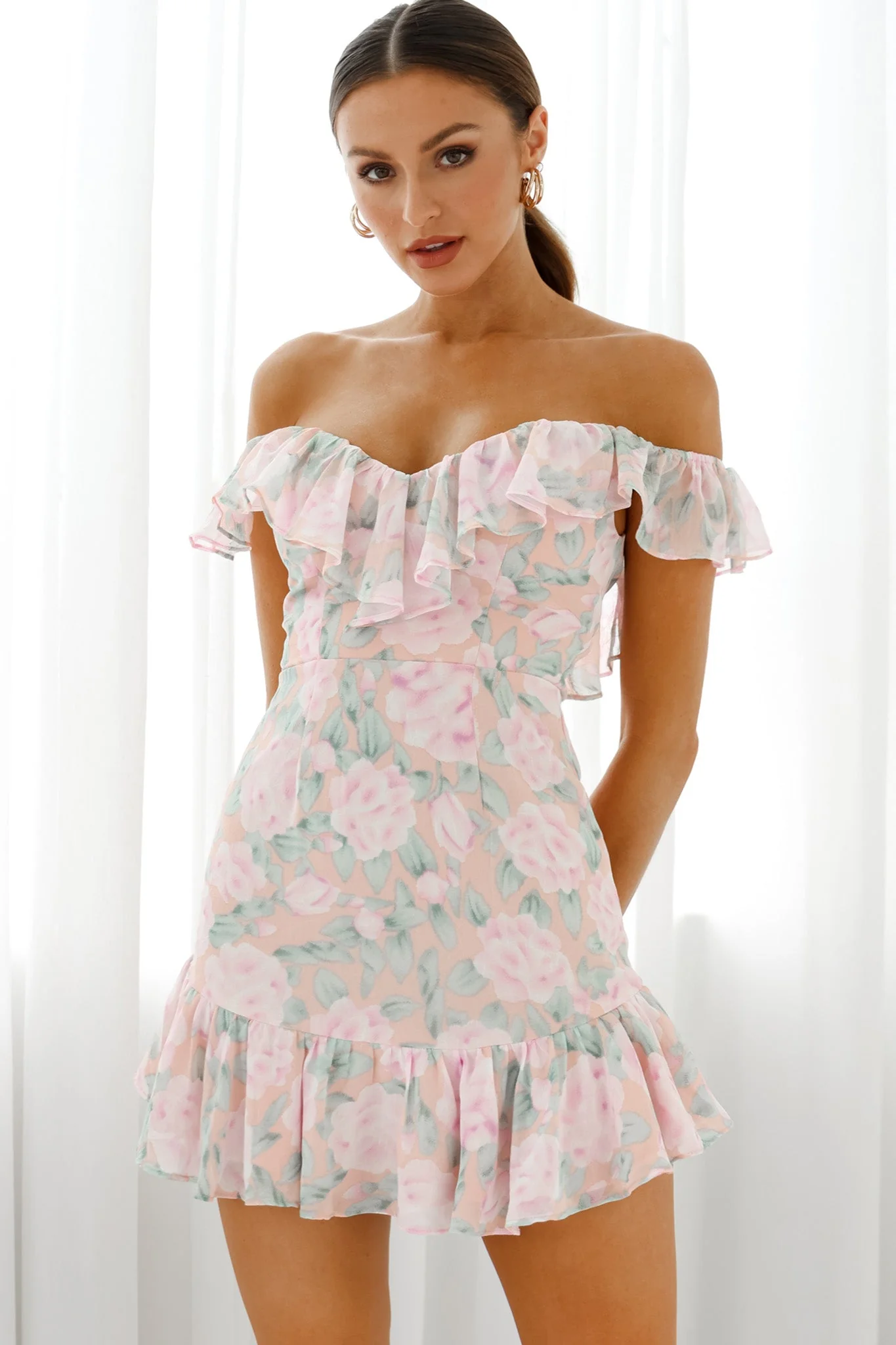 Sweet Melody Sweetheart Neckline Off-Shoulder Dress Floral Print Nude/Pink - Image 5