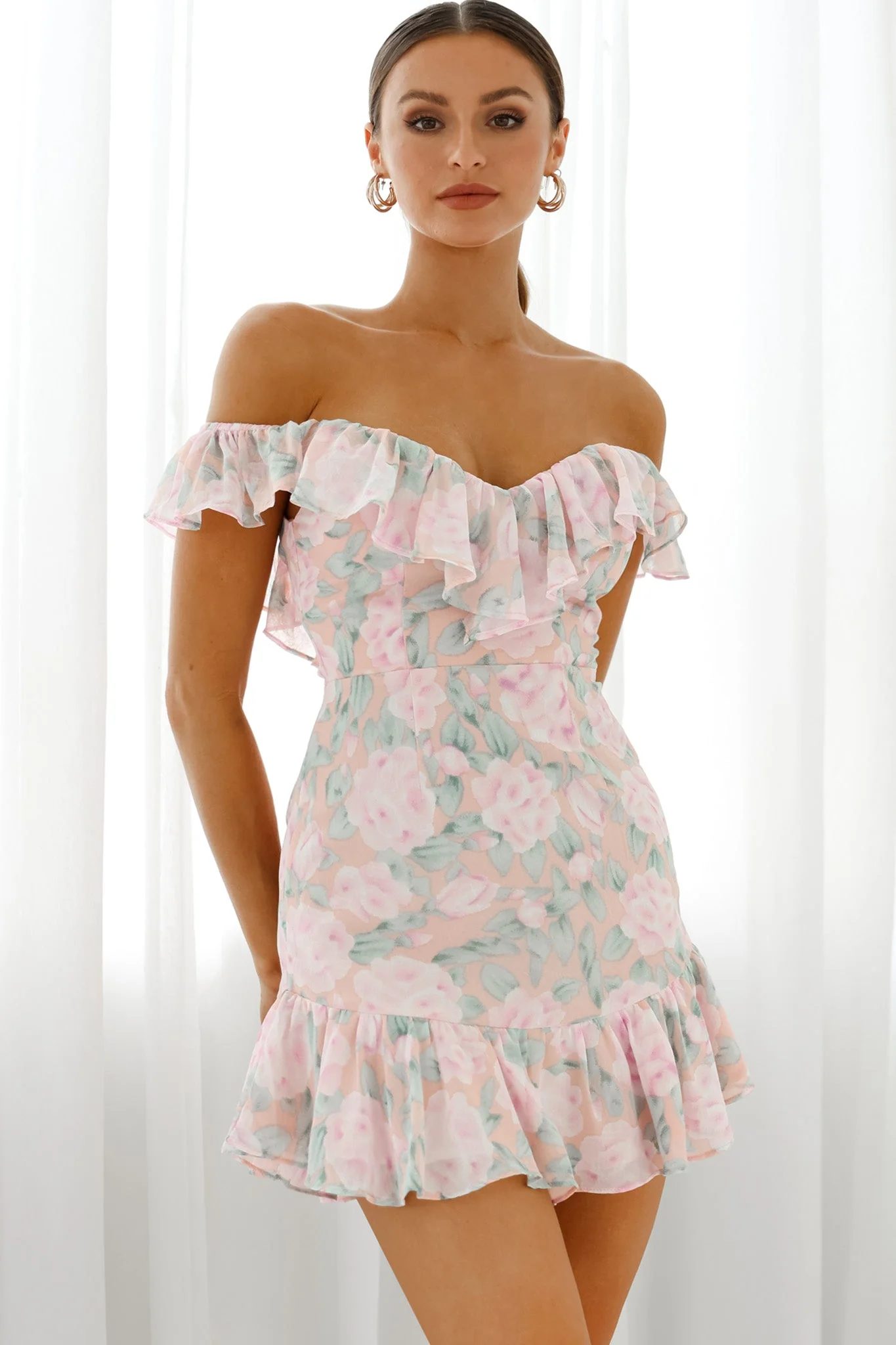 Sweet Melody Sweetheart Neckline Off-Shoulder Dress Floral Print Nude/Pink - Image 6
