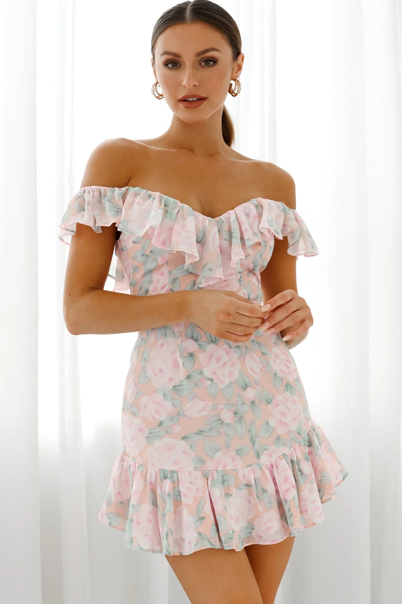 Sweet Melody Sweetheart Neckline Off-Shoulder Dress Floral Print Nude/Pink - Image 8