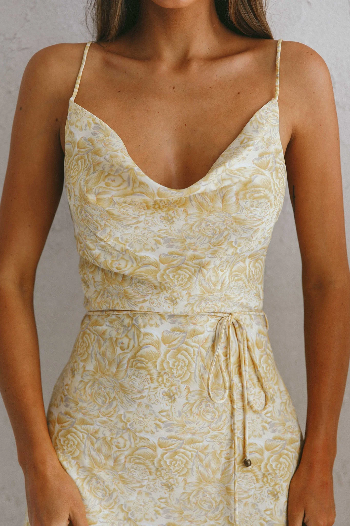Sweet Memories Cowl Neckline Slip Dress Vintage Floral Print Yellow - Image 4