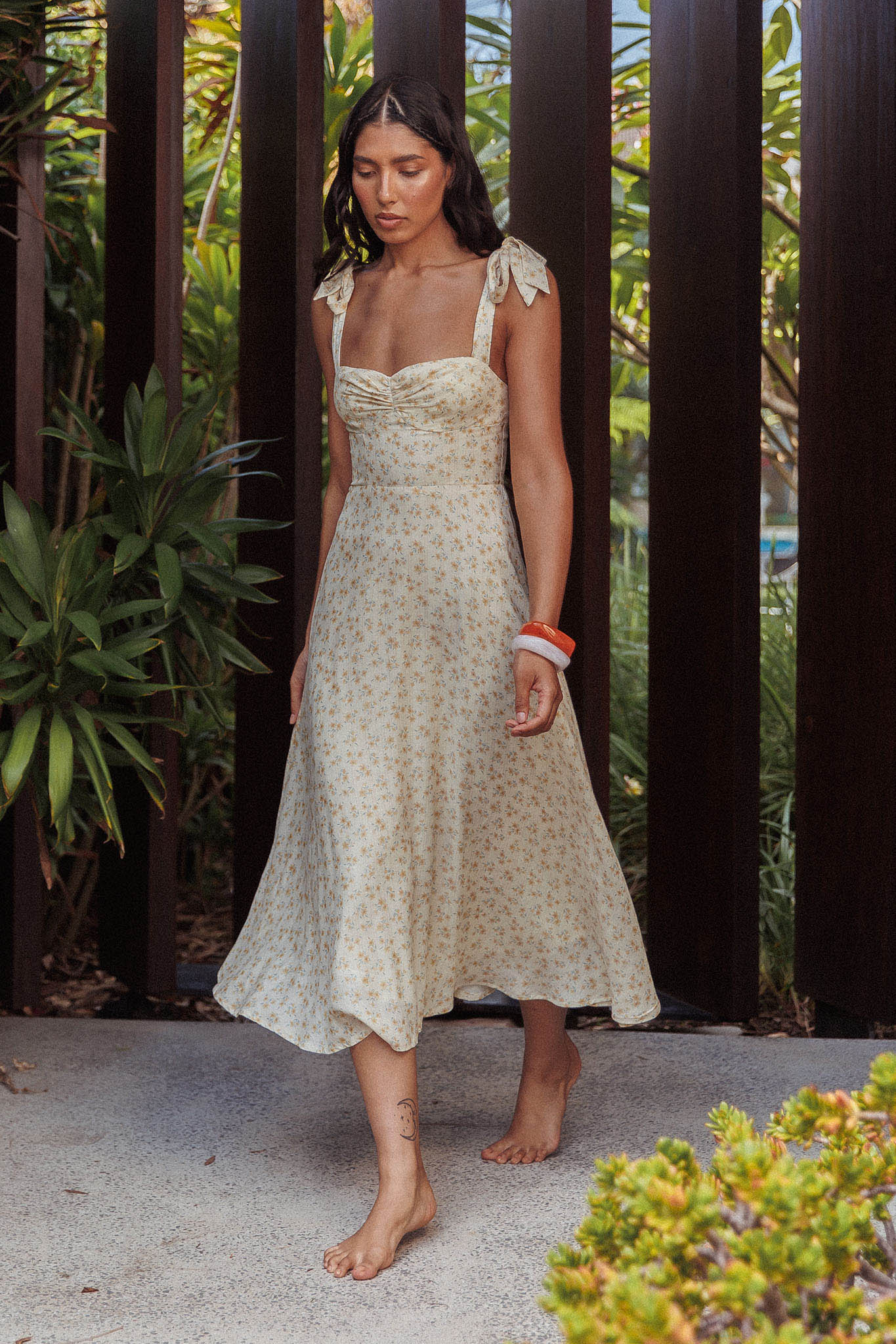 Sweet Pea Floral Tied Straps Midi Dress Yellow - Image 2