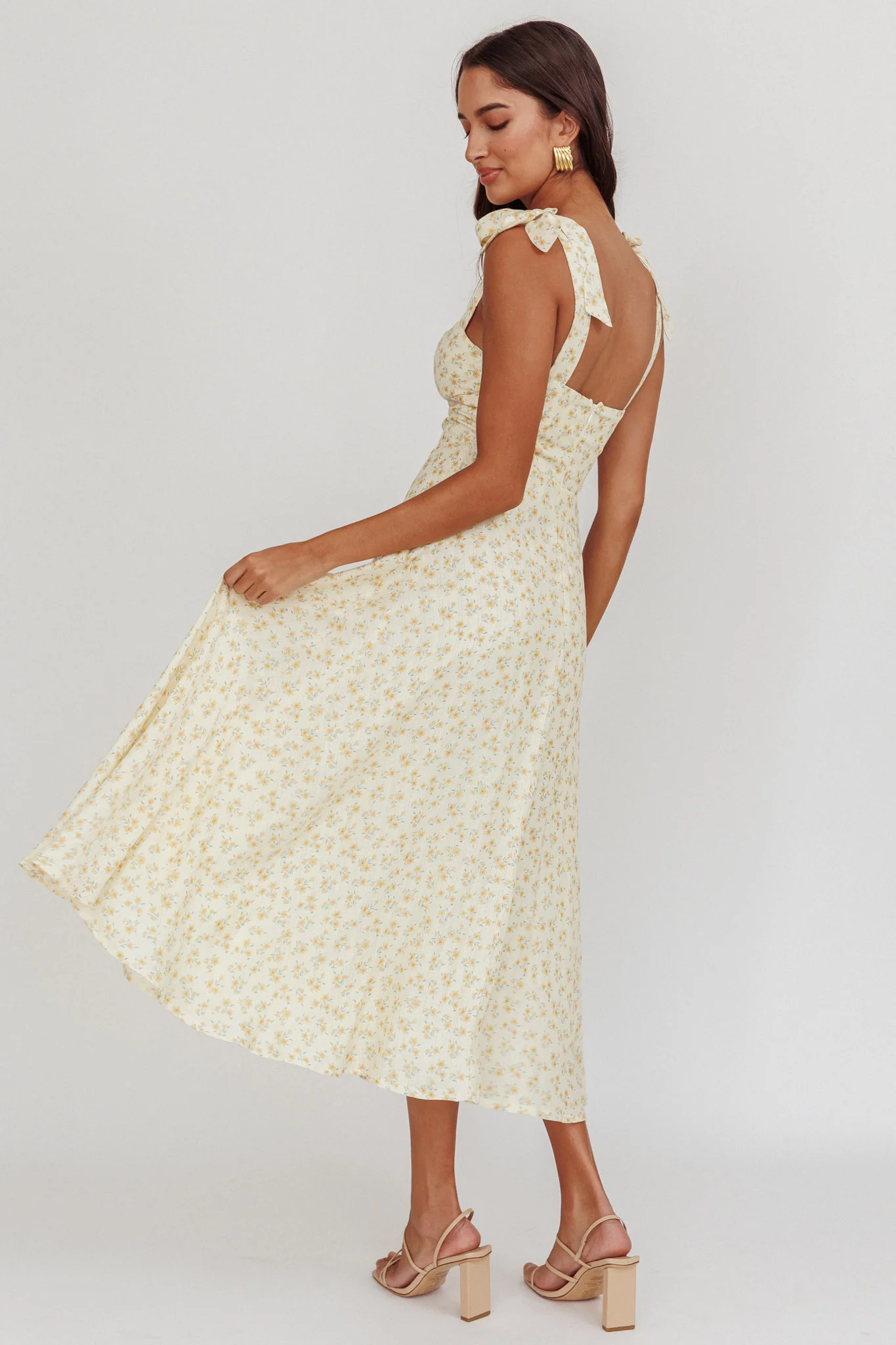 Sweet Pea Floral Tied Straps Midi Dress Yellow - Image 3