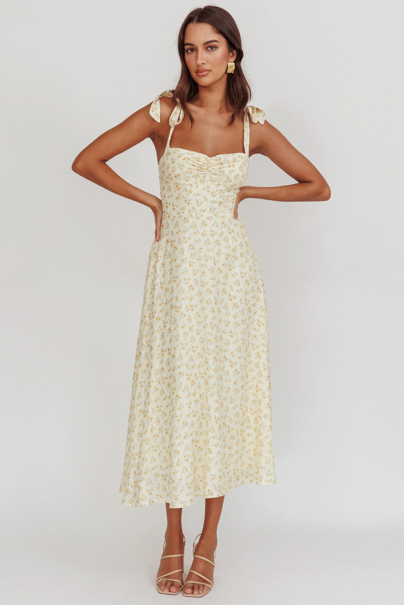 Sweet Pea Floral Tied Straps Midi Dress Yellow - Image 4