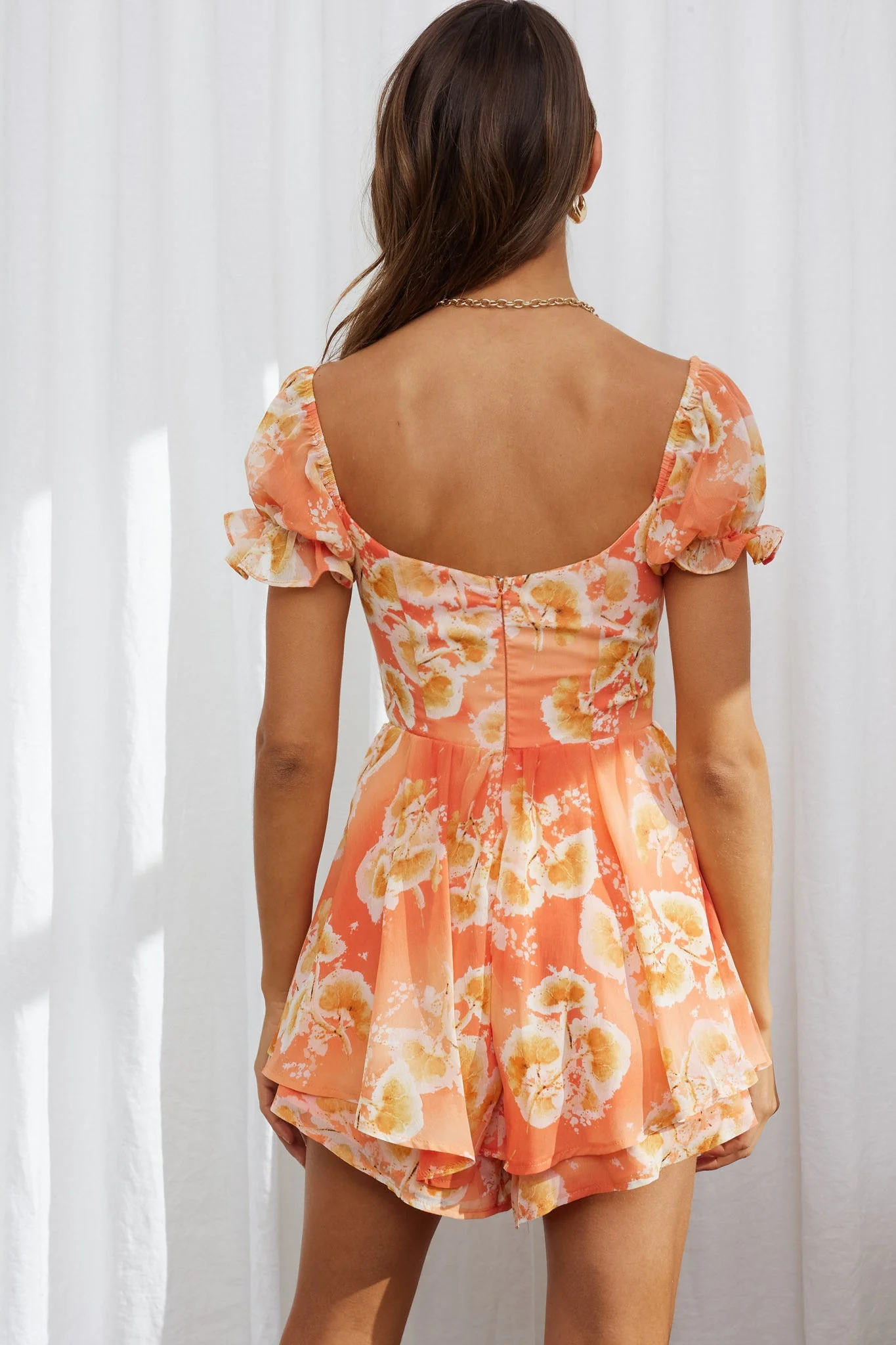 Sweet Romance Puff Sleeve Romper Watercolor Print Rust - Image 2