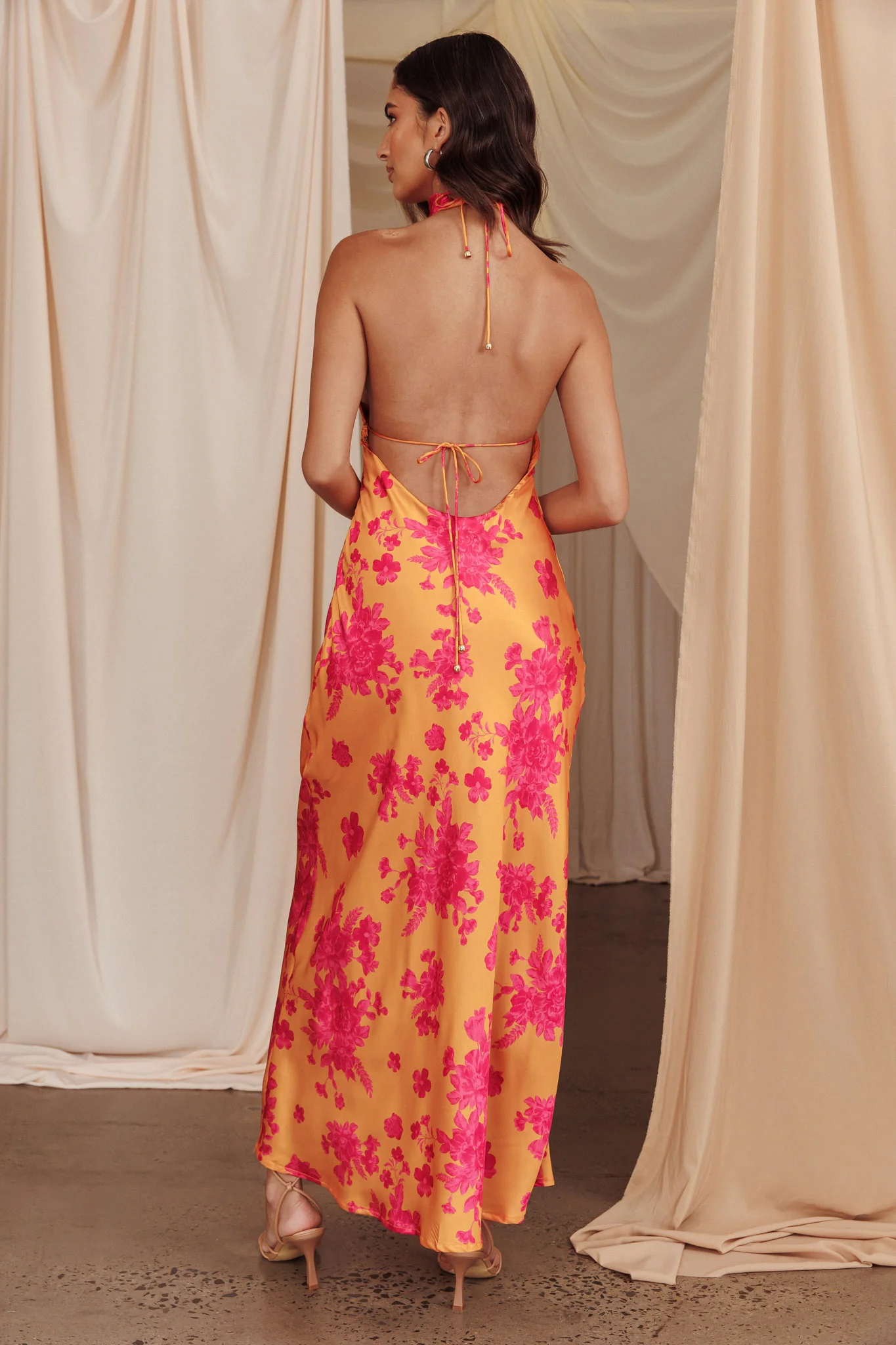Sweetest Sundays Halterneck Open Back Dress Orange - Image 3