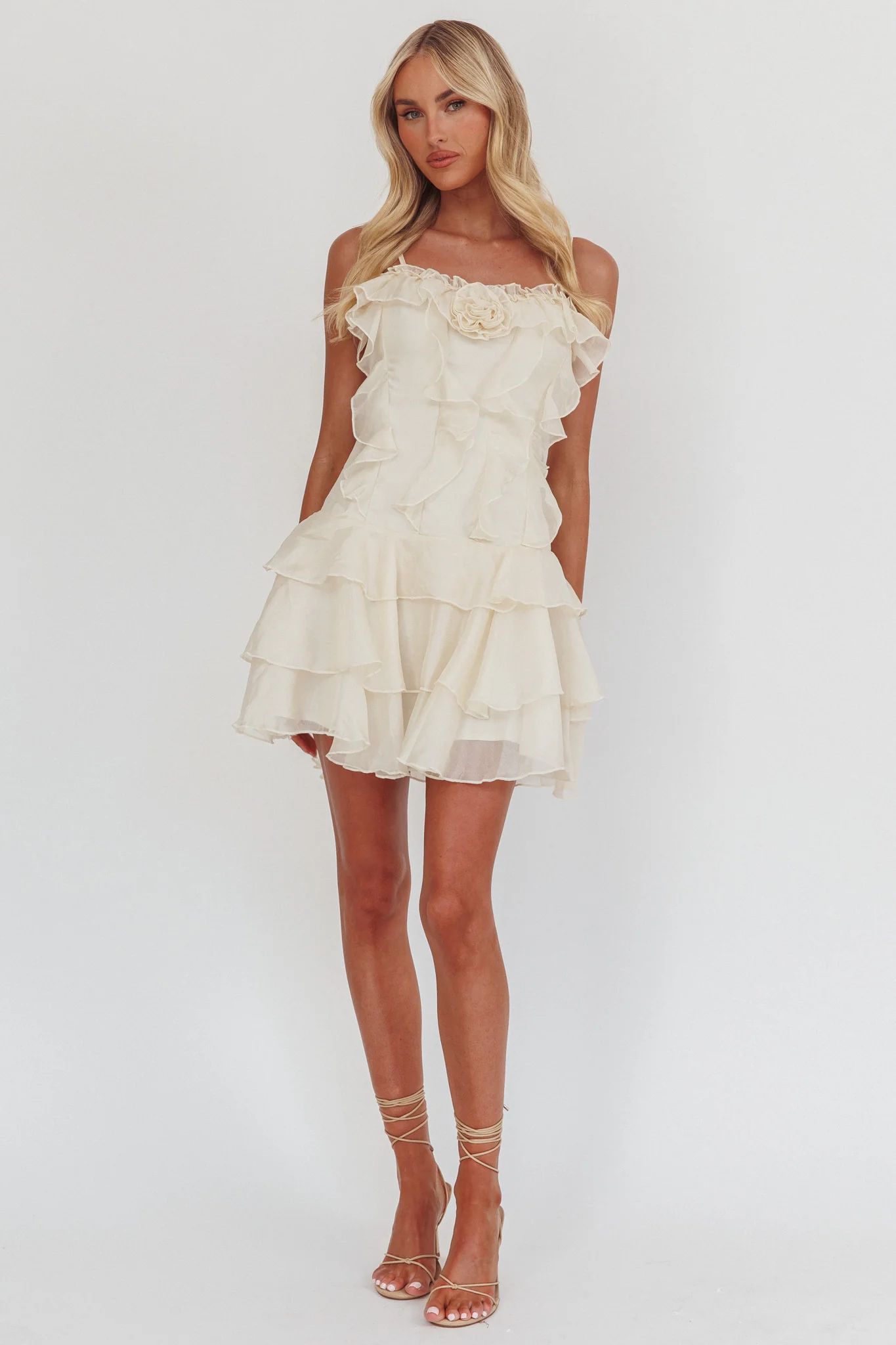 Sweetest Things Frill Trim Rosette Mini Dress Cream - Image 4