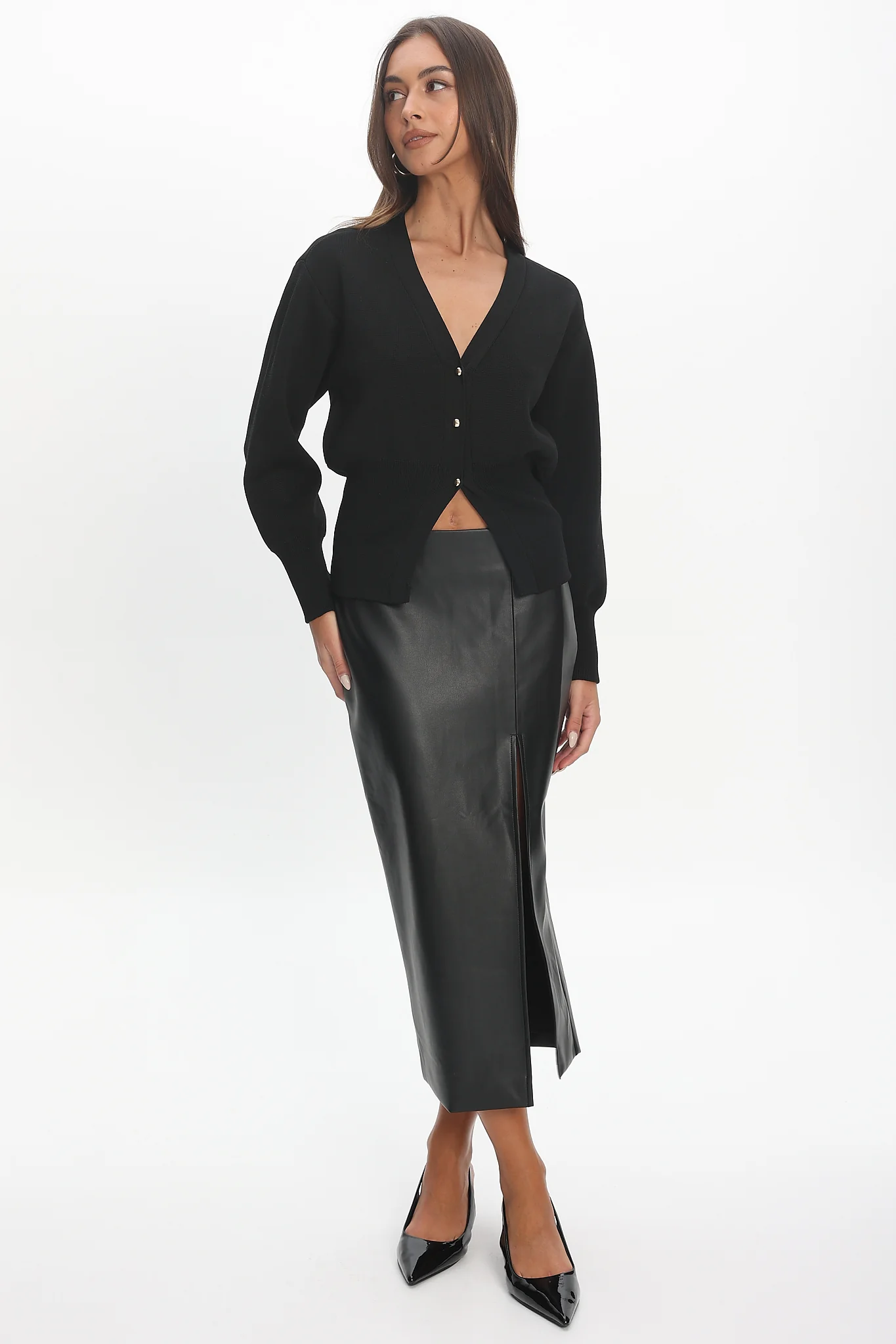 Sybil Faux Leather Midi Skirt Black