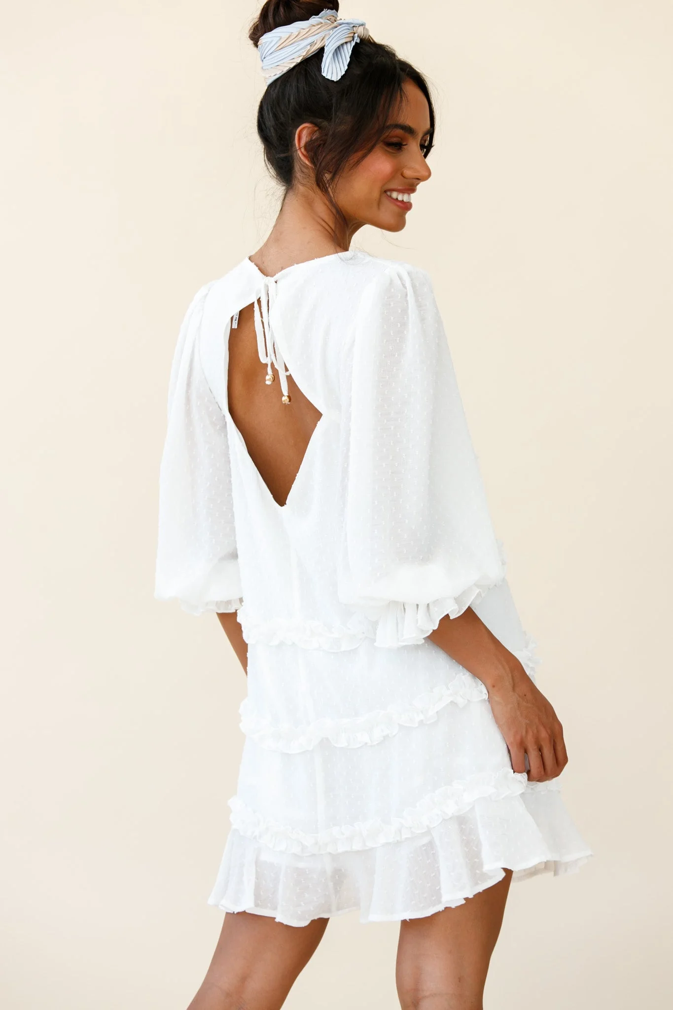 Tabitha Balloon Sleeve Loose Fit Frill Detail Dress White - Image 3