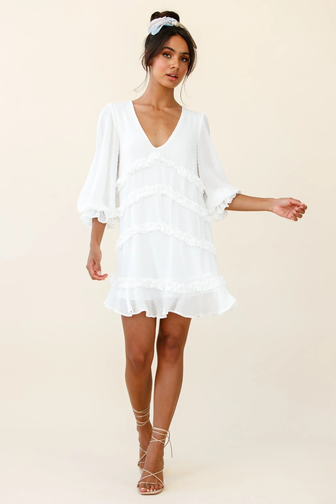Tabitha Balloon Sleeve Loose Fit Frill Detail Dress White - Image 7