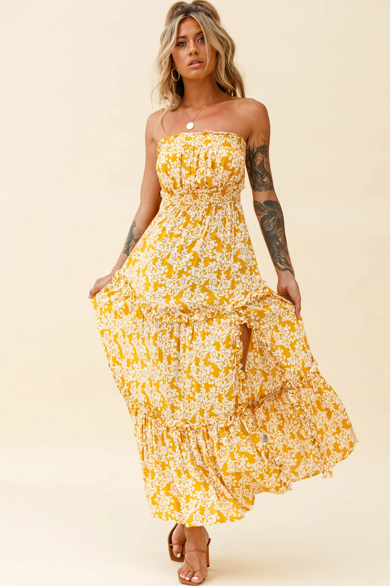 Take Me Away Strapless Maxi Dress Floral Print Mustard - Image 6