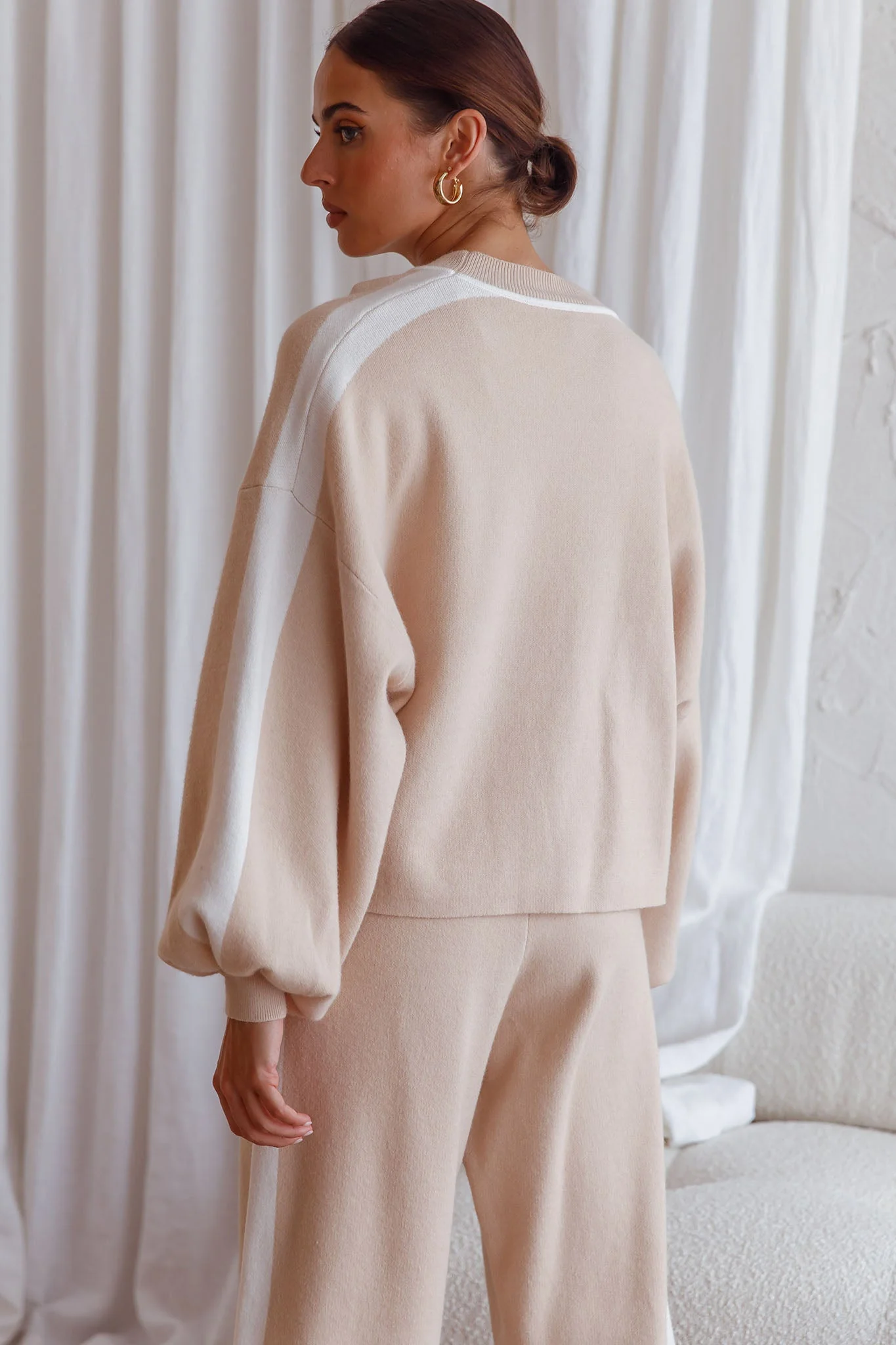 Take Me Back Balloon Sleeve Drop Shoulder Brushed Knit Sweater Beige - Image 2
