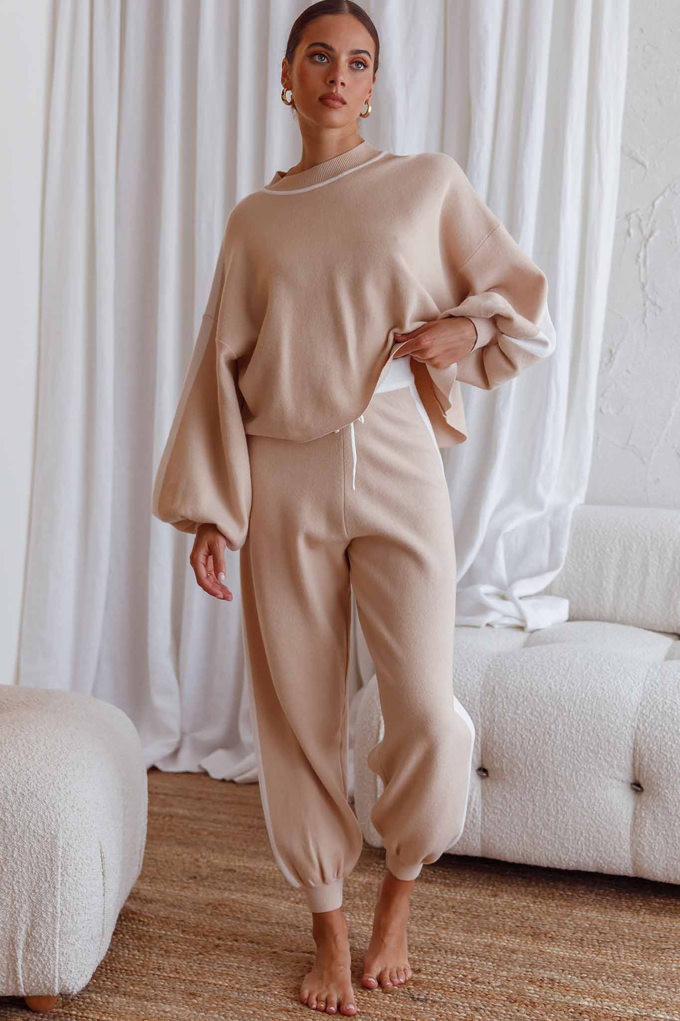 Take Me Back Balloon Sleeve Drop Shoulder Brushed Knit Sweater Beige - Image 3