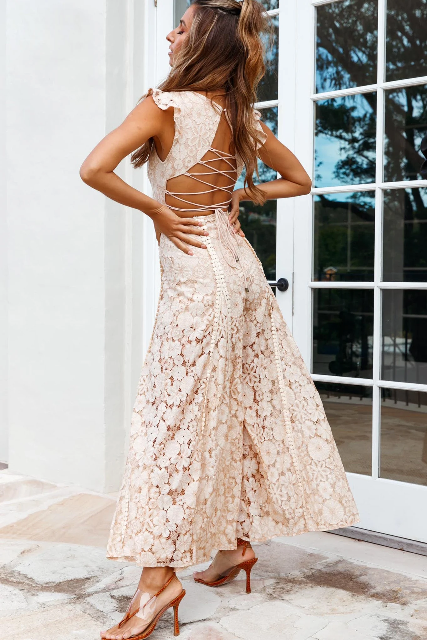 Take Note Laced-Back Frill Shoulder Lace Jumpsuit Nude - Image 2
