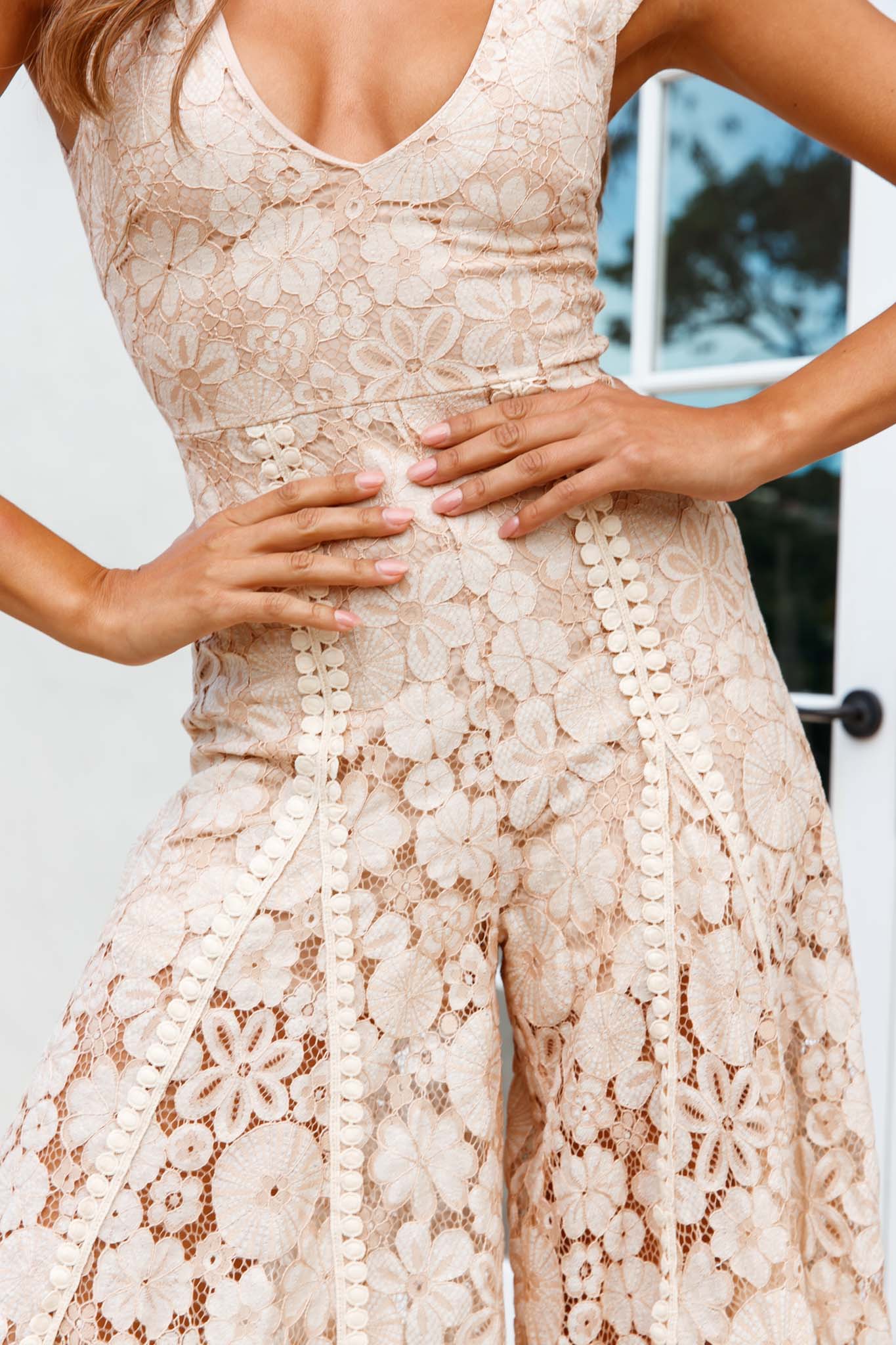 Take Note Laced-Back Frill Shoulder Lace Jumpsuit Nude - Image 4