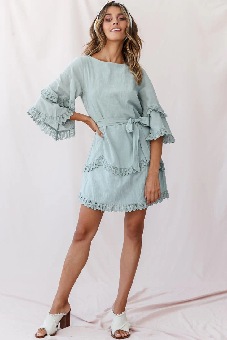 Talitha Waist Tie Lace Trim Dress Sage - Image 2
