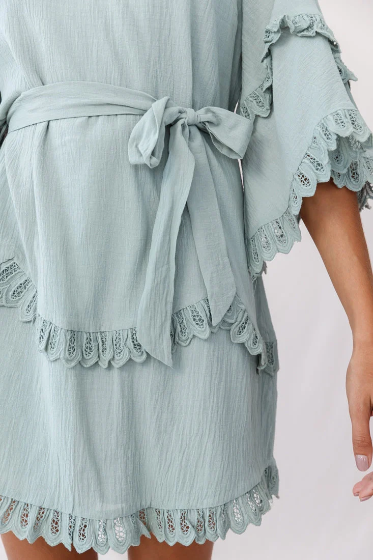 Talitha Waist Tie Lace Trim Dress Sage - Image 4