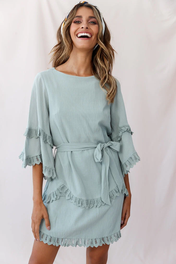 Talitha Waist Tie Lace Trim Dress Sage - Image 5