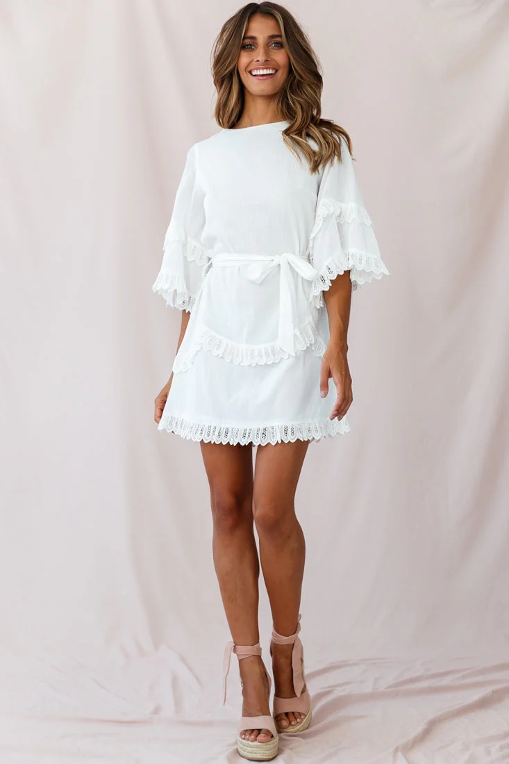 Talitha Waist Tie Lace Trim Dress White - Image 3
