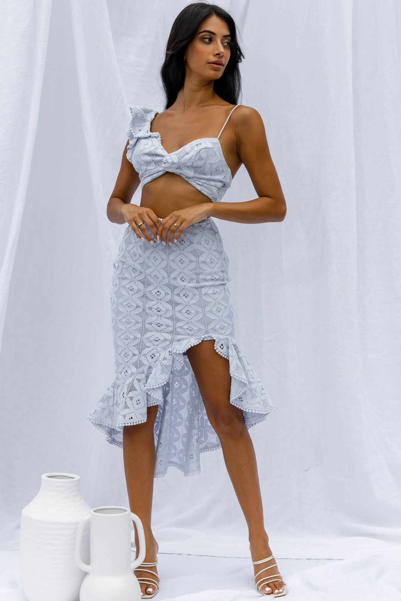 Talk About Me Asymmetrical Ruffle Hem Midi Skirt Steel Blue - Image 3