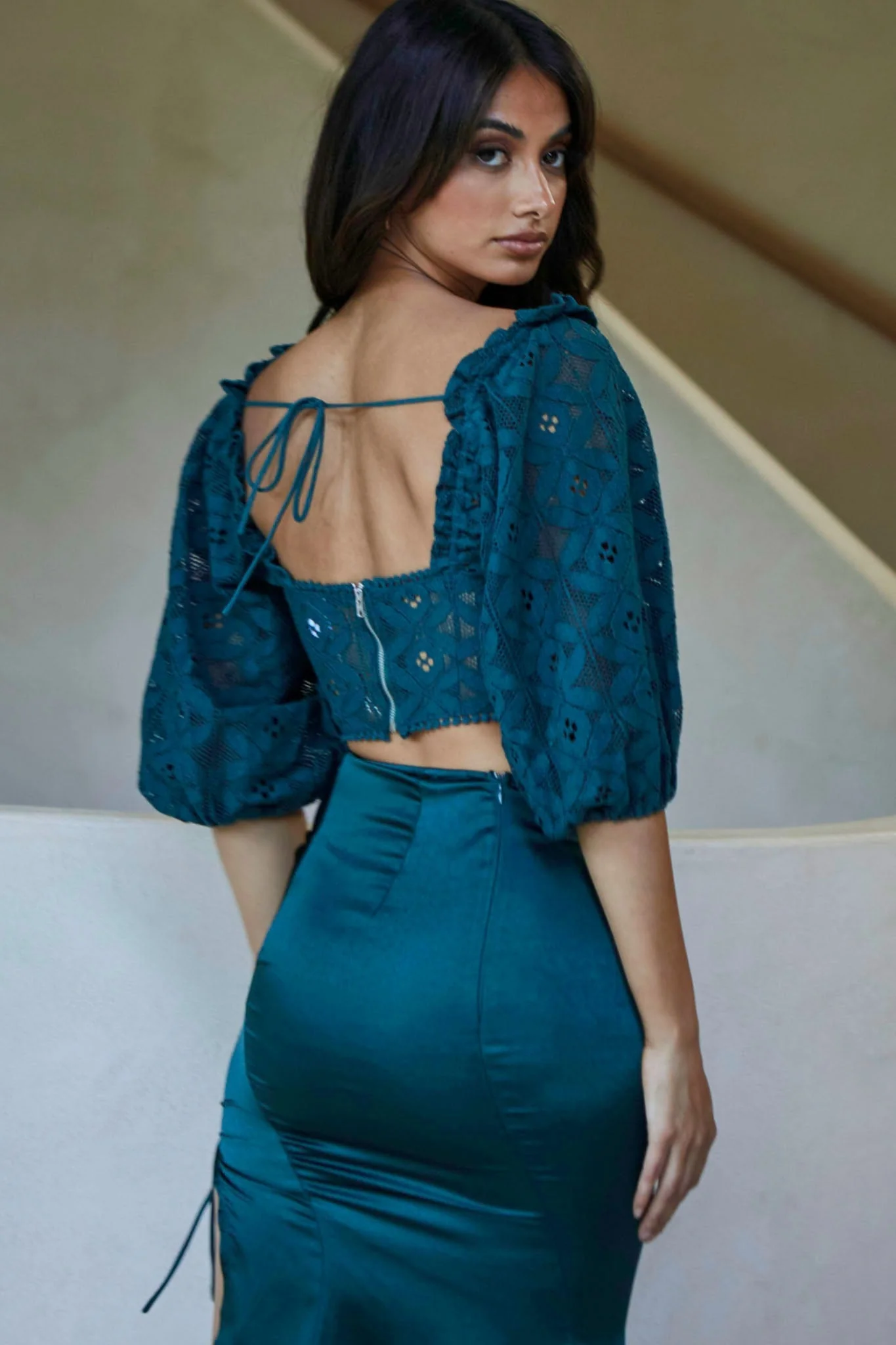 Talk About Me Puff Half Sleeve Circle Trim Crop Top Forest Green - Image 3