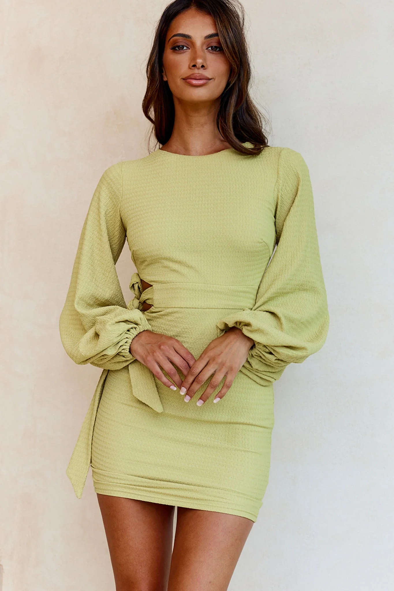 Talk Of The Town Long Lantern Sleeve Side Tie Bodycon Dress Olive - Image 8